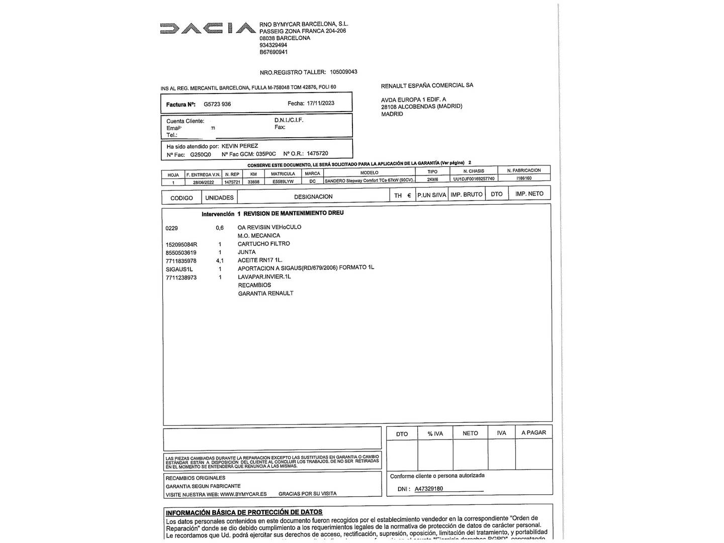 Foto del mantenimiento del Dacia Sandero Dacia Sandero Stepway Comfort TCe (91 CV) CVT