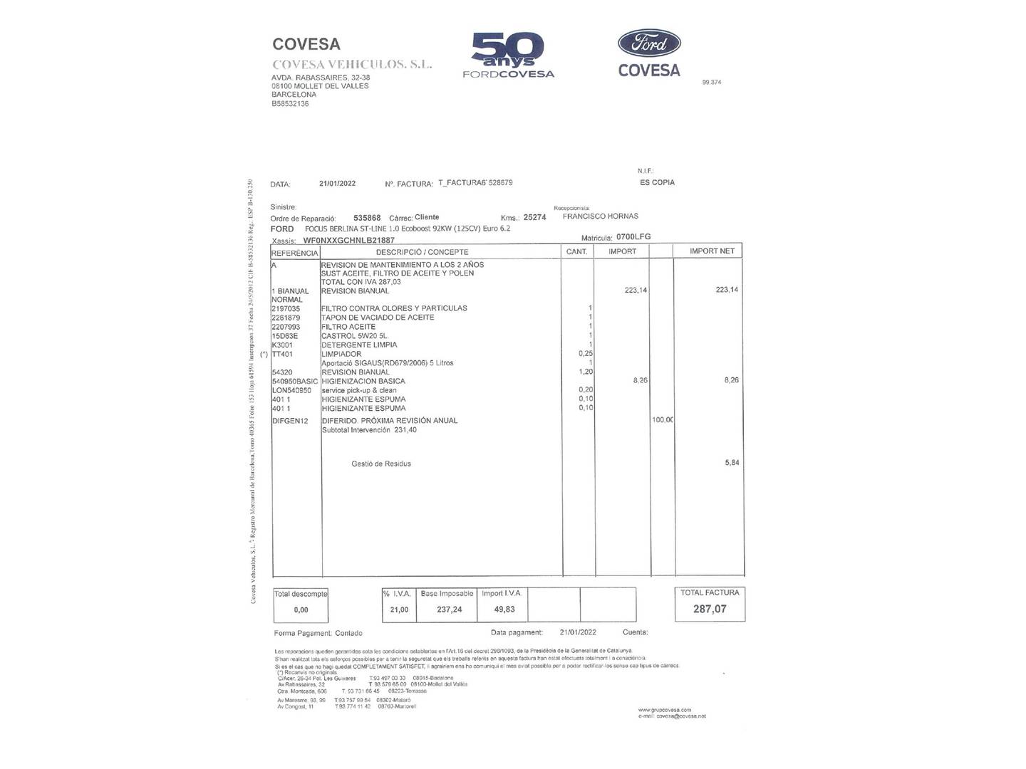 Foto del mantenimiento del Ford Focus Ford Focus 1.0 Ecoboost S&S ST-Line (125 CV)