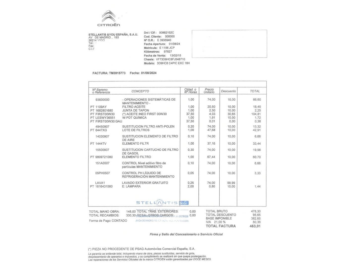Foto del mantenimiento del Citroën C4 Picasso Citroën C4 Picasso 1.6 e-HDI Intensive ETG6 (115 CV)