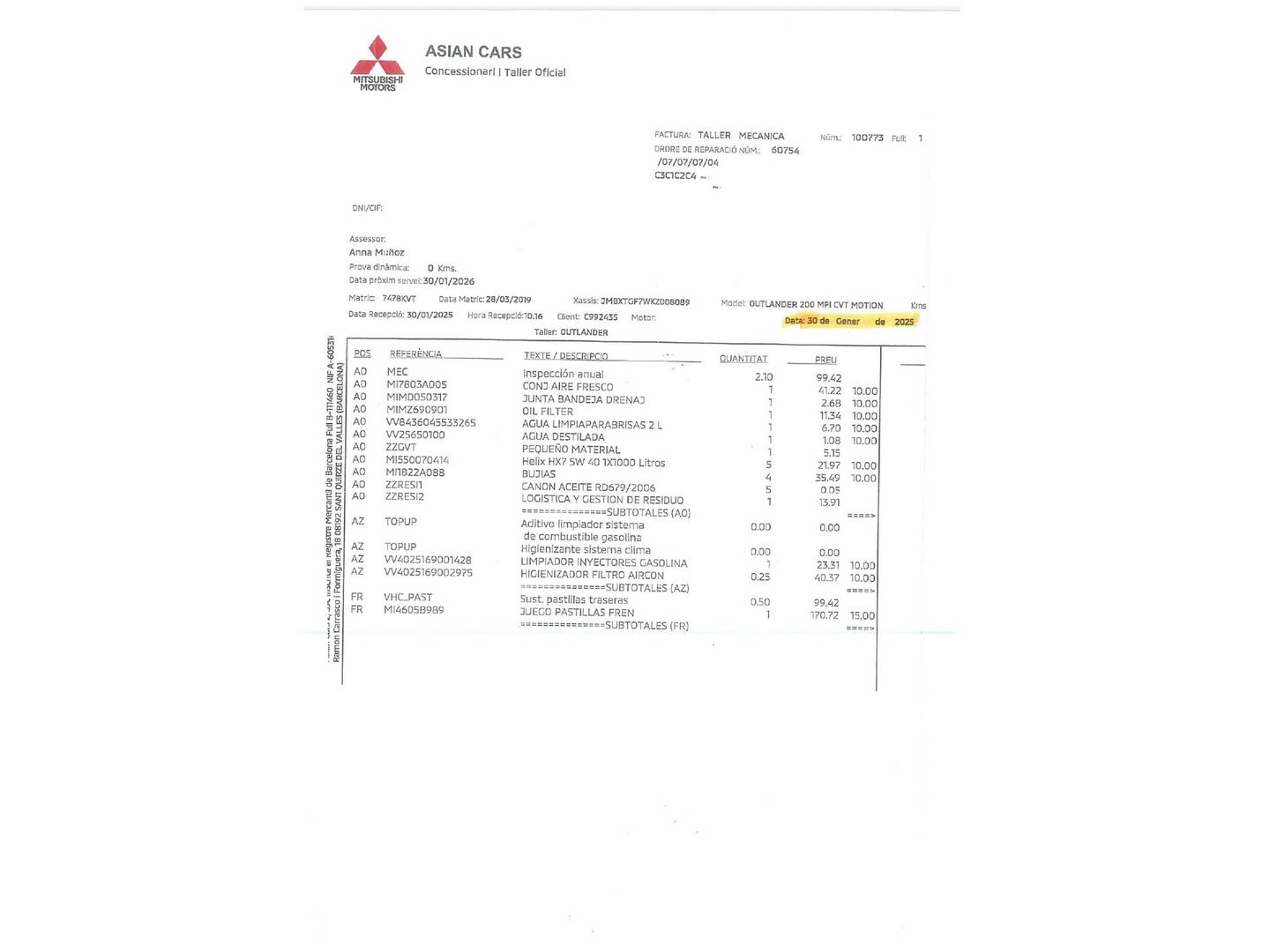 Foto del mantenimiento del Mitsubishi Outlander Mitsubishi Outlander 200 MPI Motion 2WD CVT (150 CV) 7 Plazas