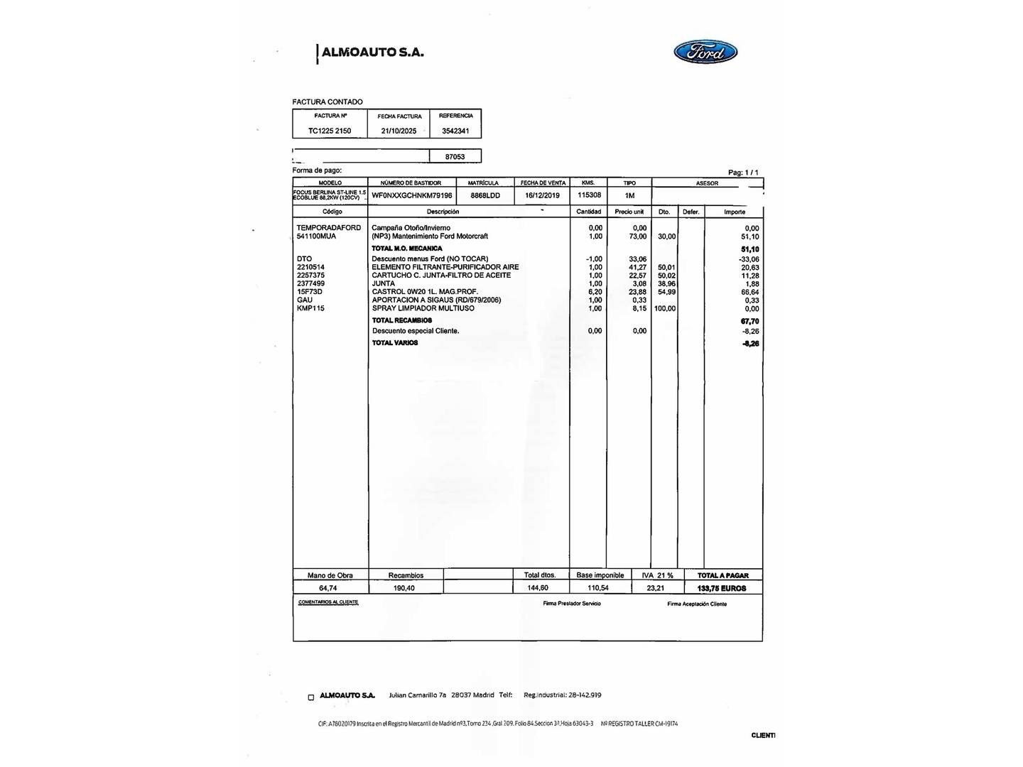Foto del mantenimiento del Ford Focus Ford Focus 1.5 Ecoblue ST-Line (120 CV)