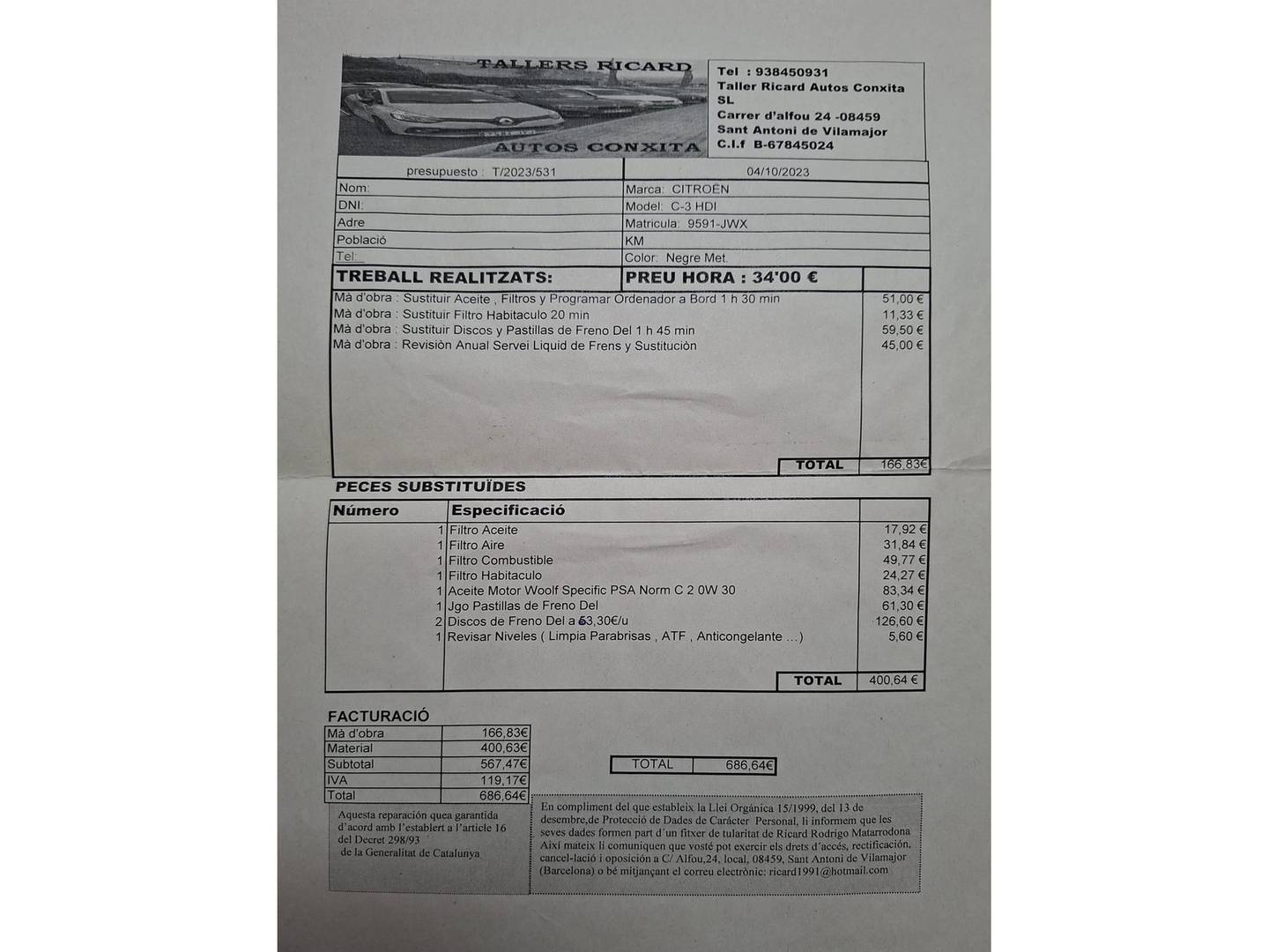 Foto del mantenimiento del Citroën C3 Citroën C3 BlueHDi 75 Tonic (75 CV)