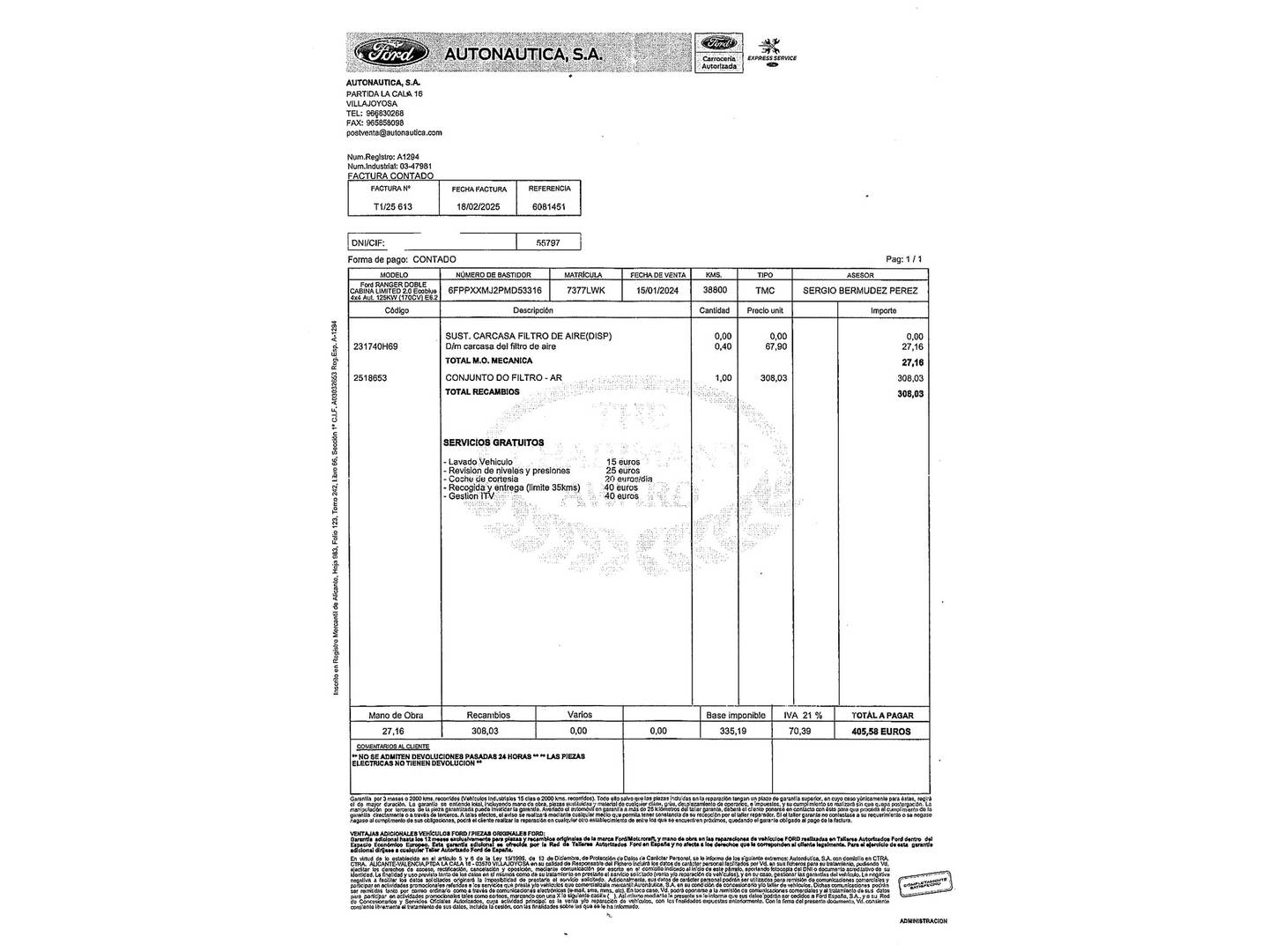 Foto del mantenimiento del Ford Ranger Ford Ranger Pickup 2.0 Ecoblue Doble Cabina Limited 4x4 AT (170 CV)