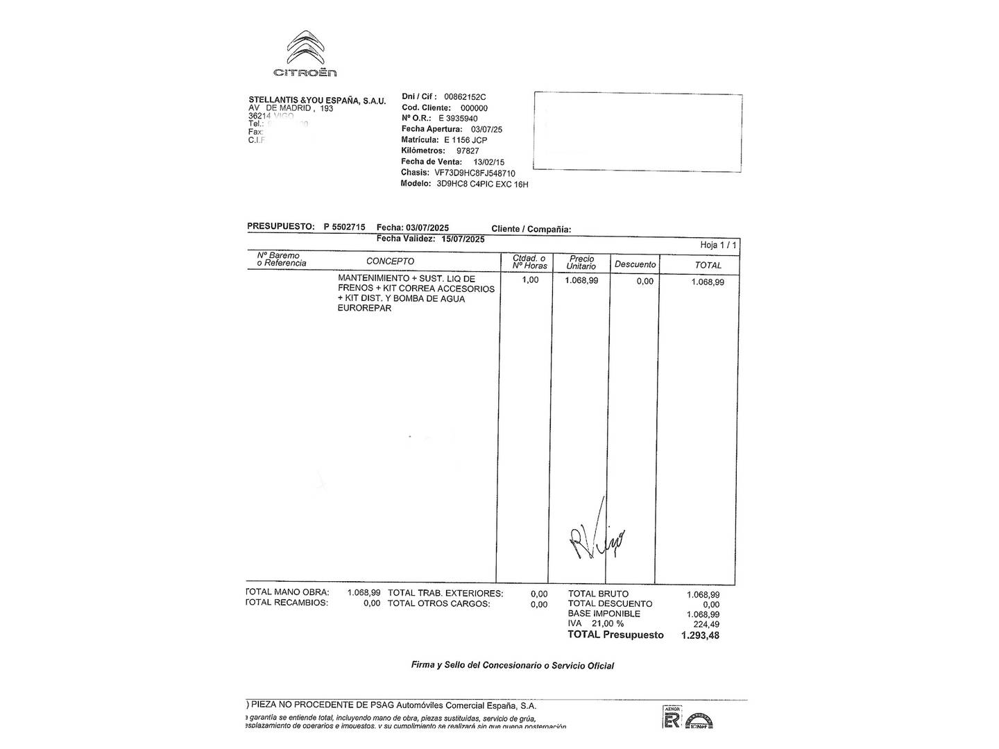 Foto del mantenimiento del Citroën C4 Picasso Citroën C4 Picasso 1.6 e-HDI Intensive ETG6 (115 CV)