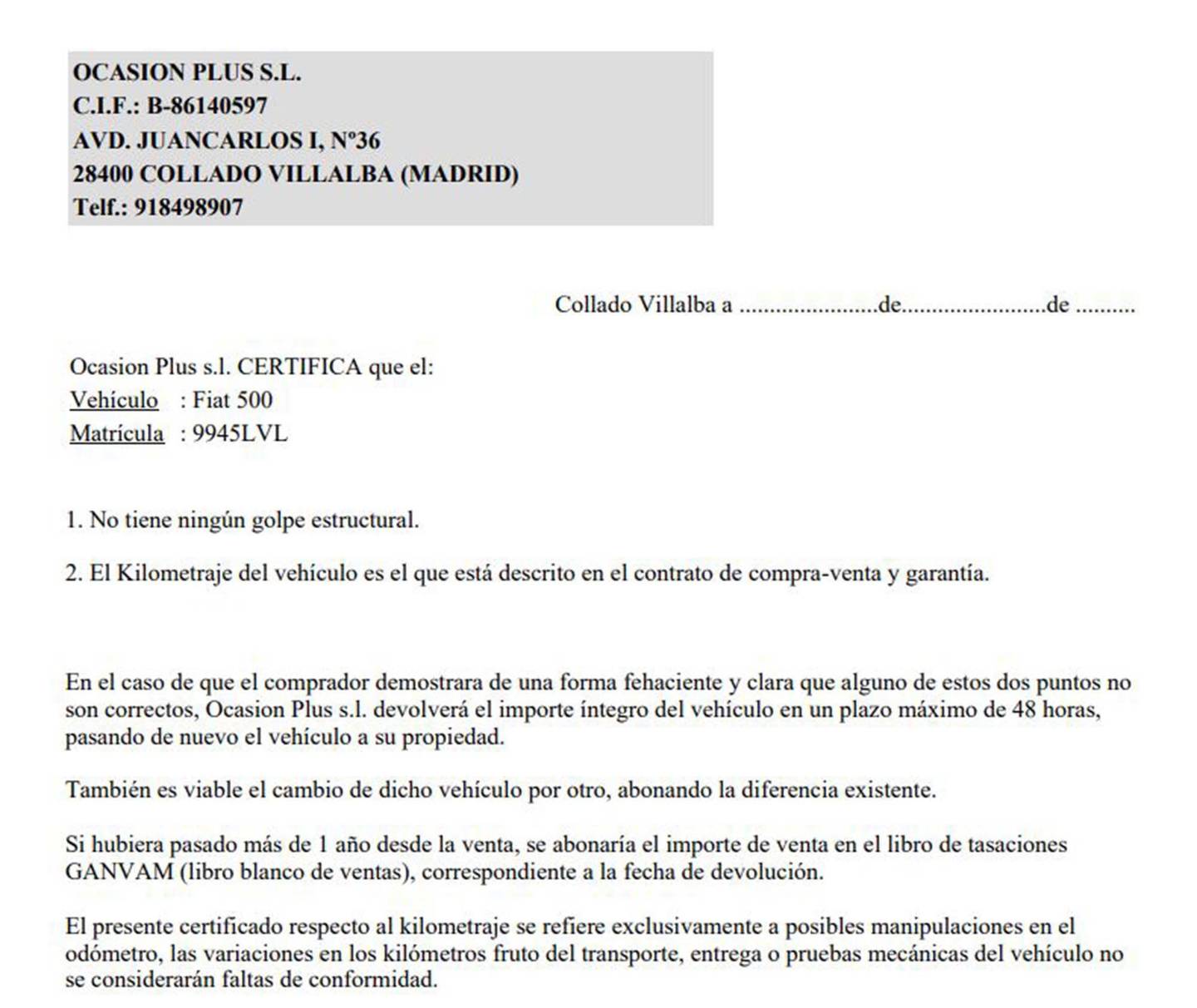 Foto del certificado del Fiat 500 Fiat 500 1.0 Hybrid Cult (70 CV)