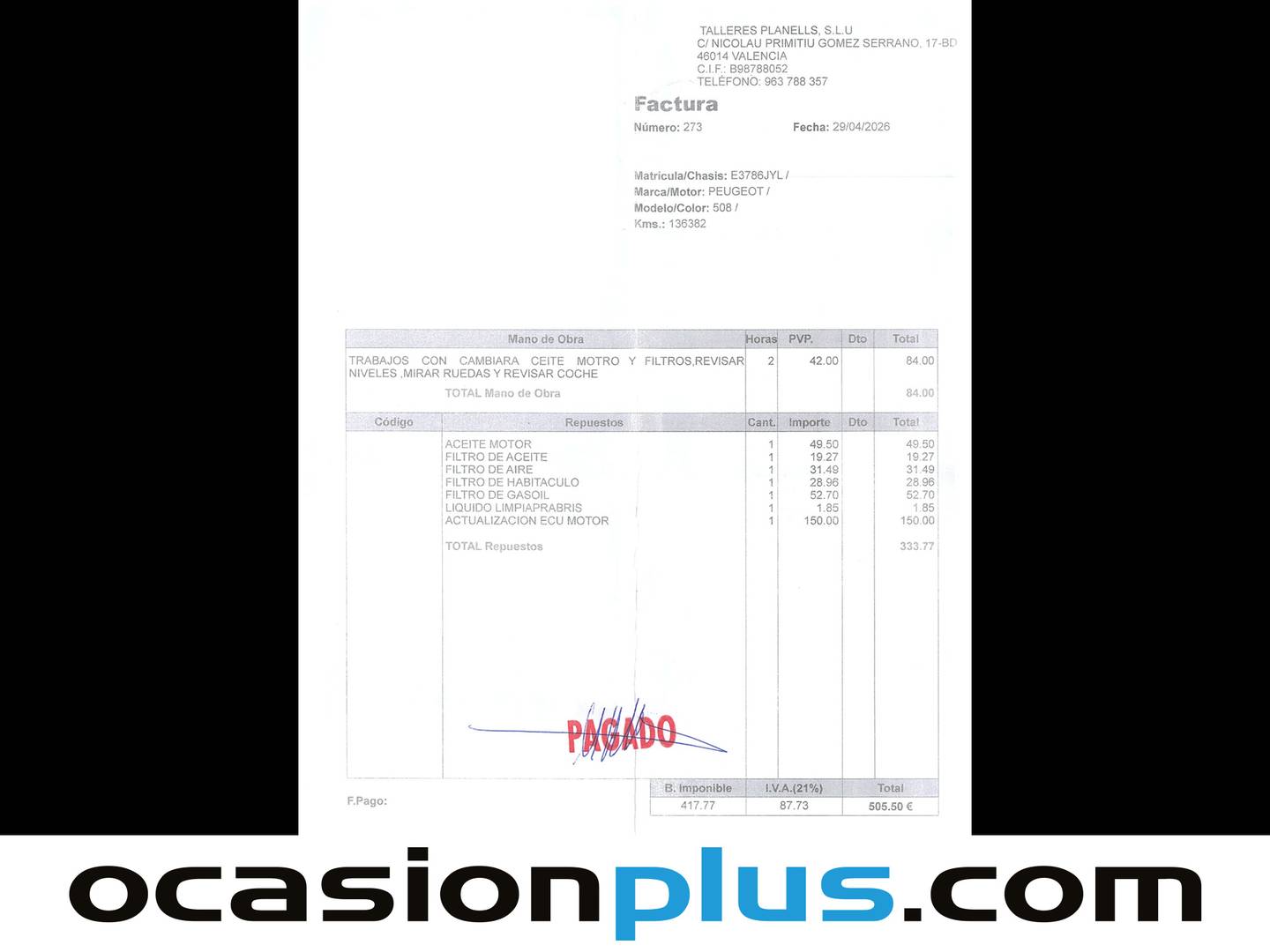 Foto del mantenimiento del Peugeot 508 Peugeot 508 1.6 BlueHDI Active (120 CV)