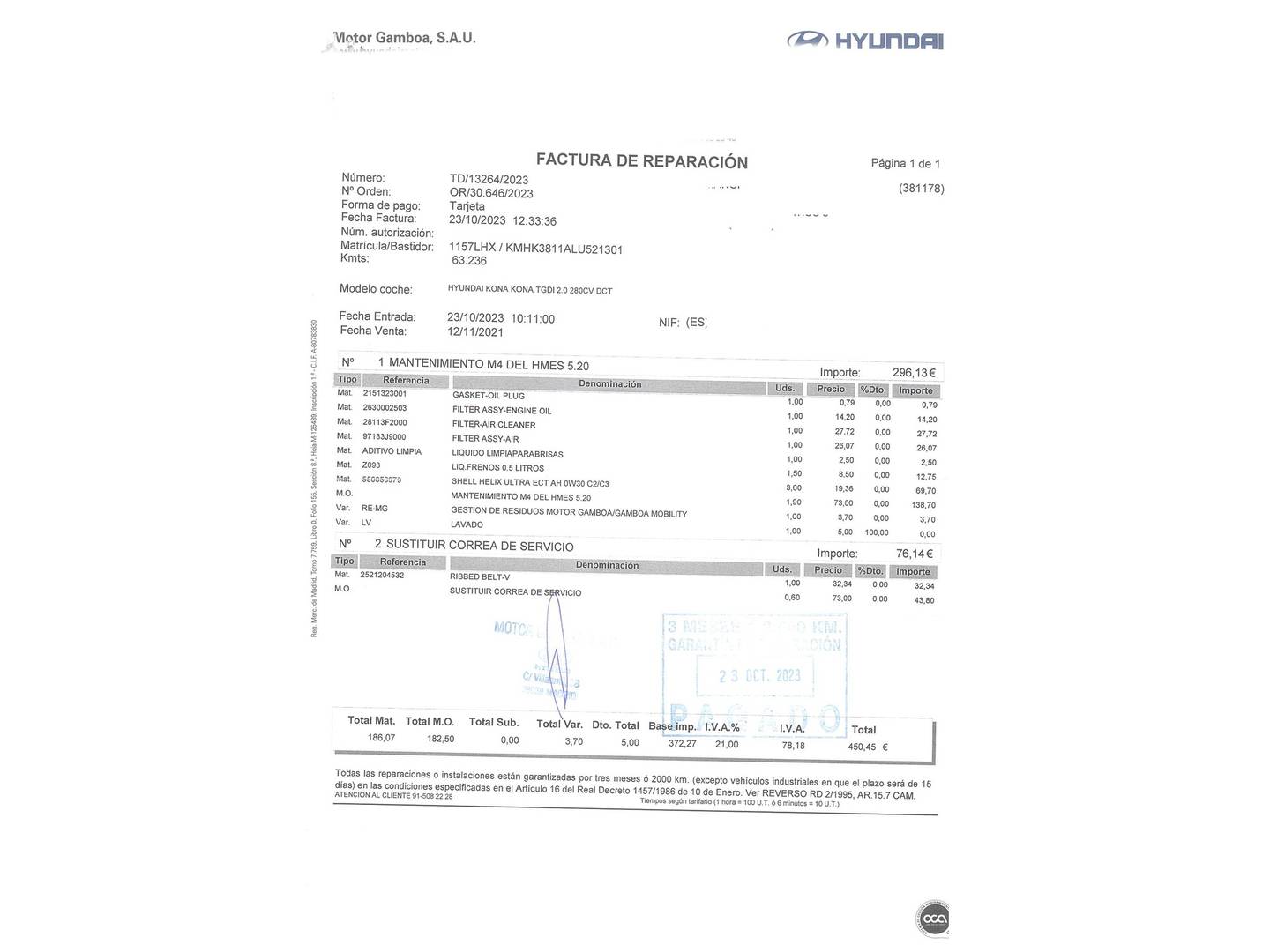Foto del mantenimiento del Hyundai Kona Hyundai Kona 1.0 TGDI SLE 4x2 (120 CV)