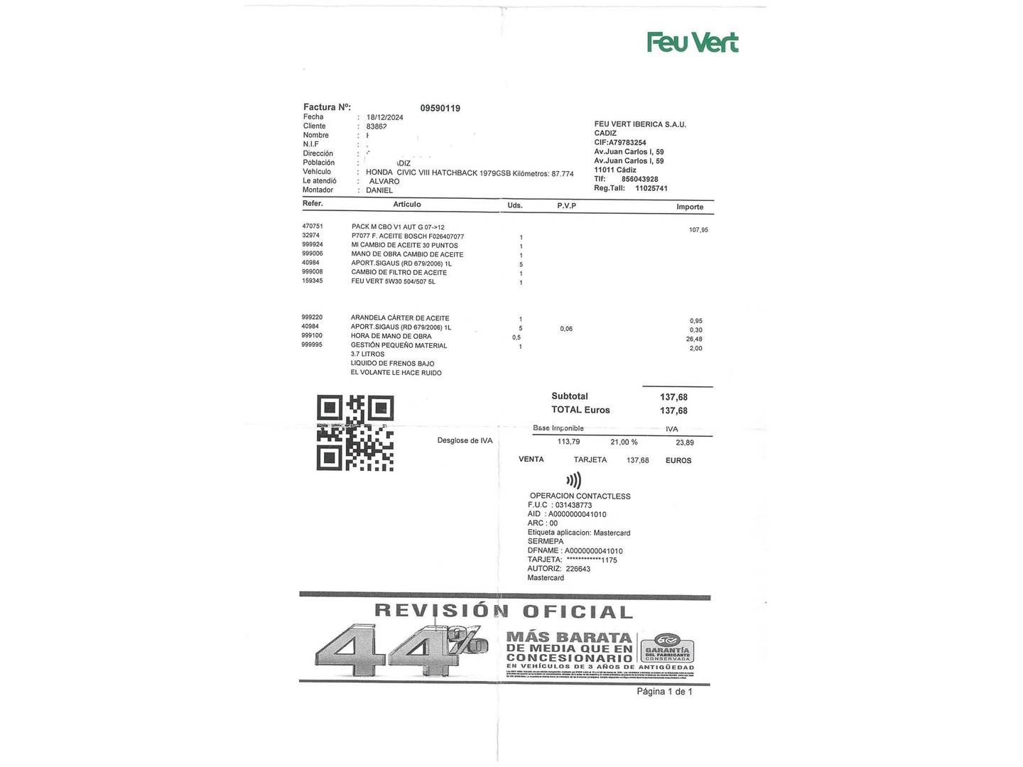 Foto del mantenimiento del Honda Civic Honda Civic 1.8 I-VTEC Sport (140 CV)