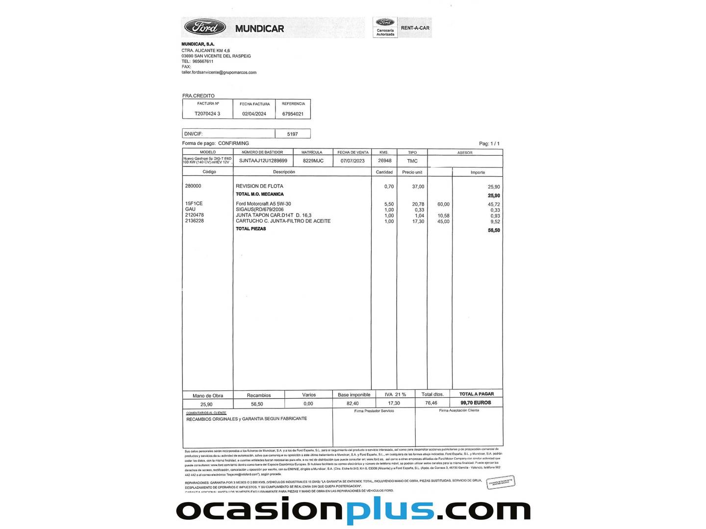 Foto del mantenimiento del Nissan QASHQAI Nissan Qashqai DIG-T 140 N-Connecta (140 CV)
