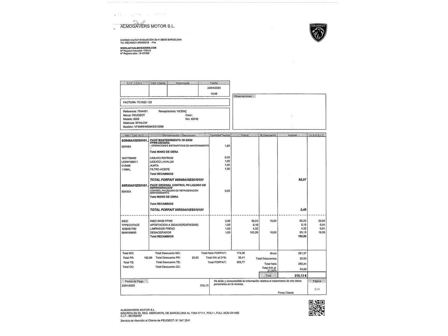 Foto del mantenimiento del Peugeot 5008 Peugeot 5008 PureTech 130 GT Line (130 CV) 7 Plazas
