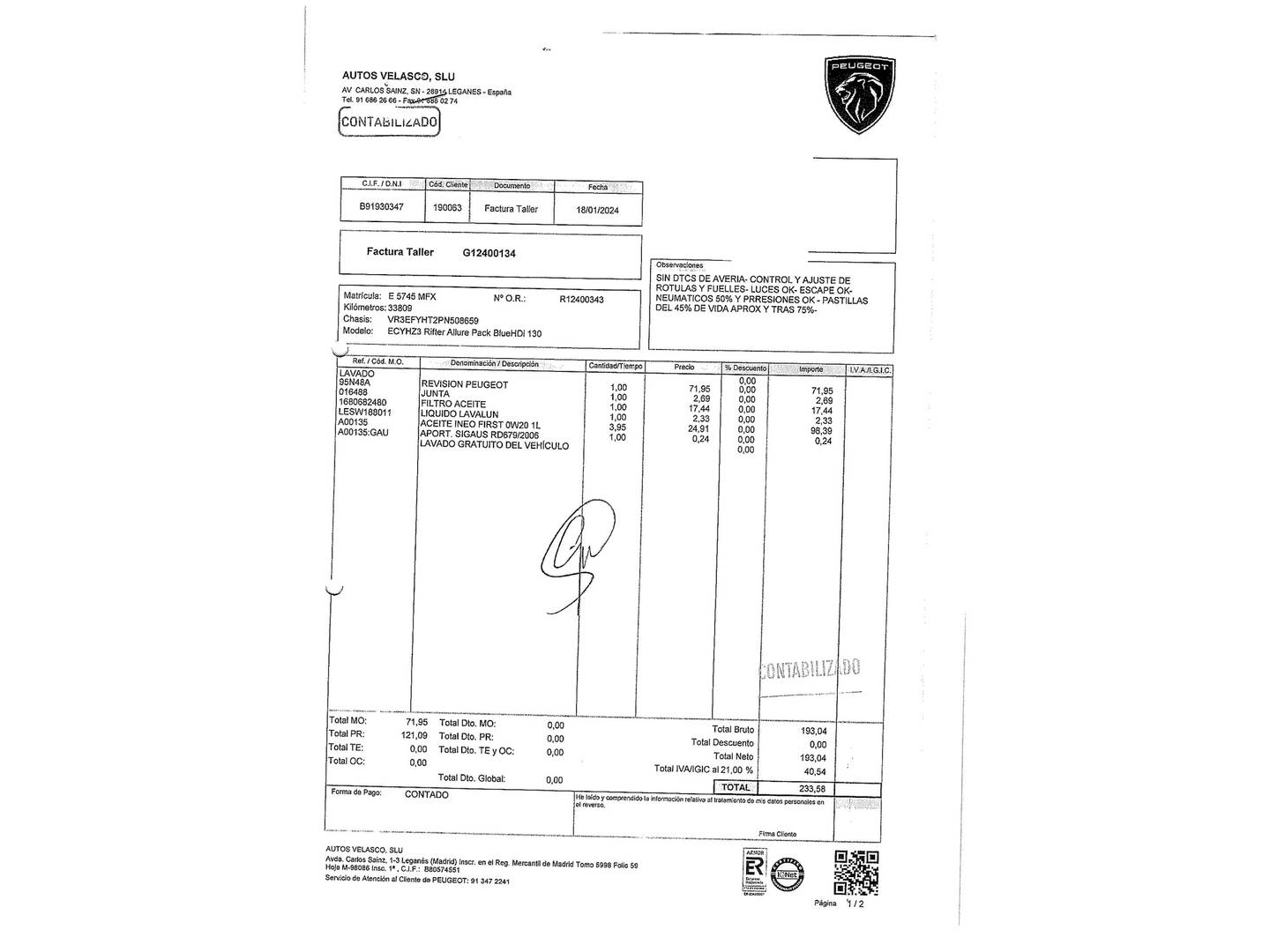 Foto del mantenimiento del Peugeot Rifter Peugeot Rifter Active Pack Business Standard BlueHDi (100 CV)