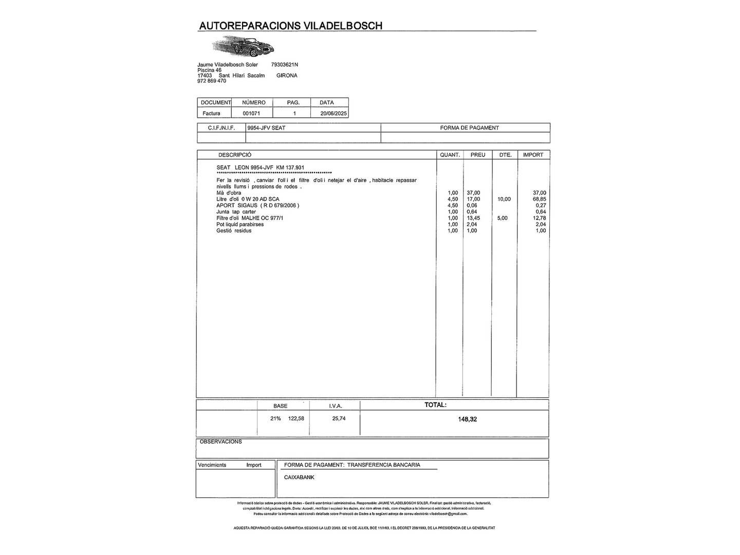 Foto del mantenimiento del Seat León SEAT León SC 1.4 TSI ACT S&S FR (150 CV)
