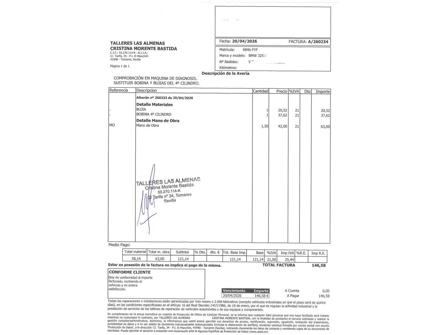 Foto del mantenimiento del BMW Serie 3 BMW Serie 3 325i Coupe 160 kW (218 CV)
