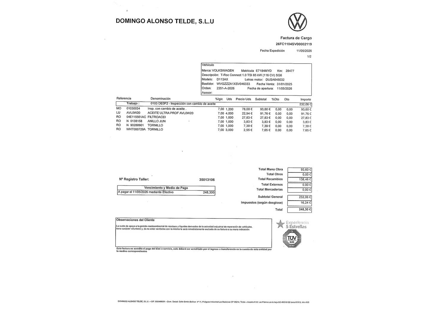 Foto del mantenimiento del Volkswagen T-Roc Volkswagen T-Roc 1.0 TSI (115 CV)