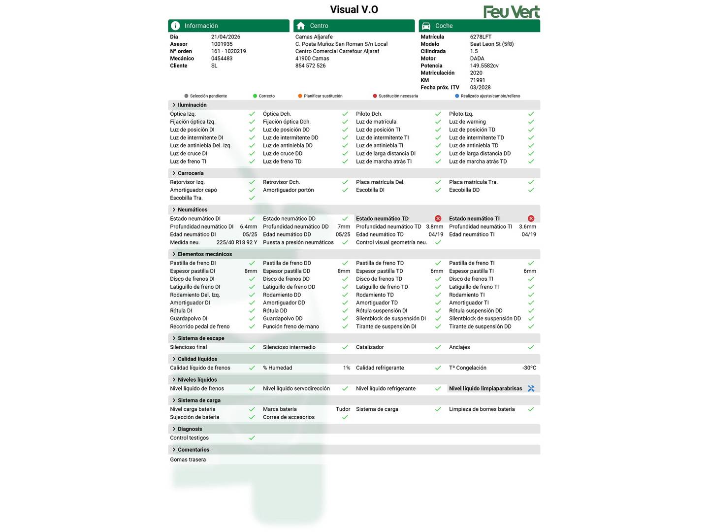 Foto del mantenimiento del Seat León Seat León ST 1.5 EcoTSI S&S FR Edition Plus DSG (150 CV)