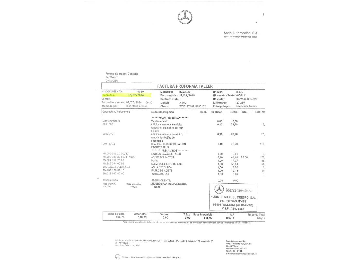 Foto del mantenimiento del Mercedes Clase A Mercedes Clase A 200 Sedán (163 CV)