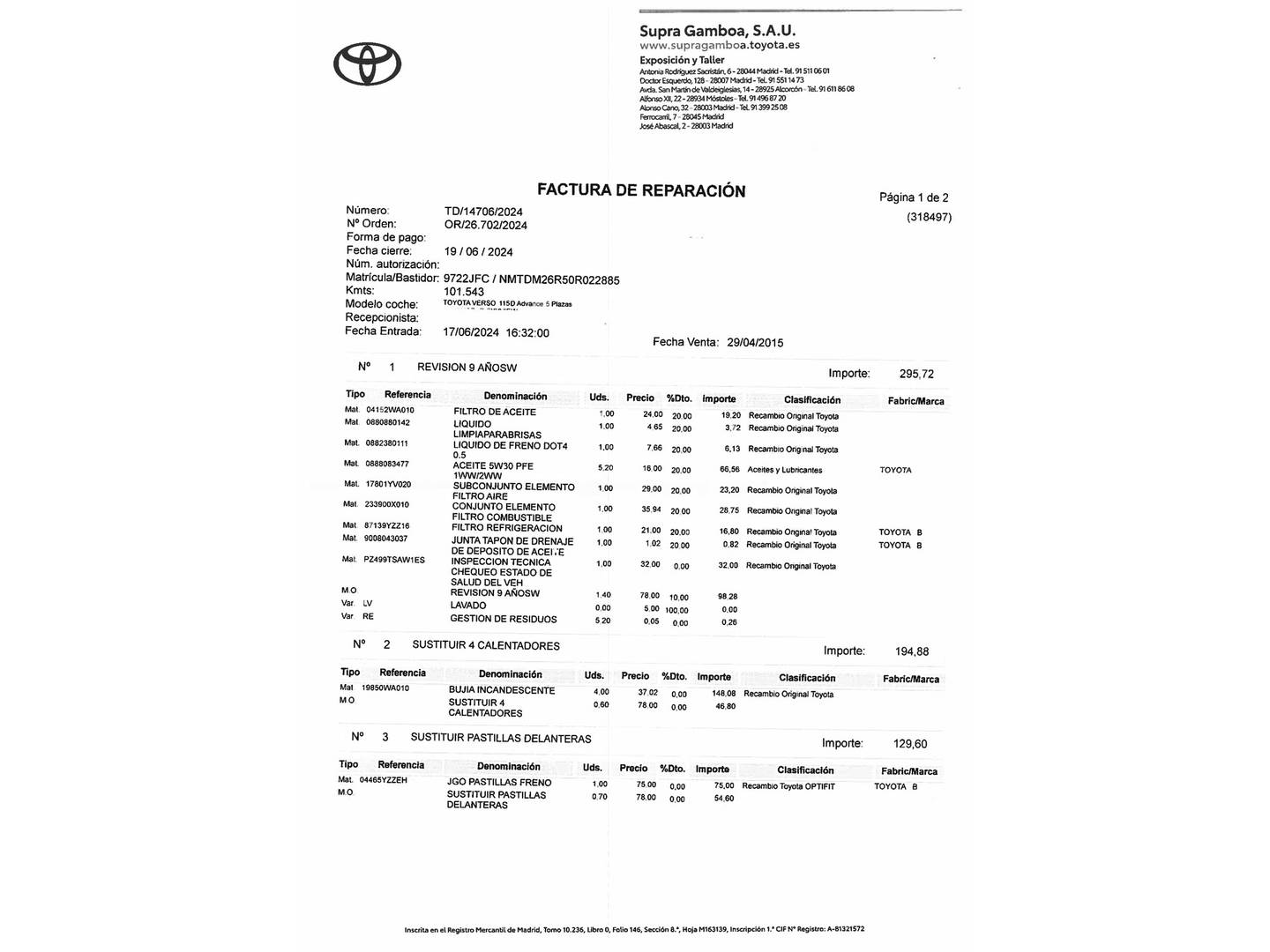 Foto del mantenimiento del Toyota Verso Toyota Verso 115D Advance (112 CV)