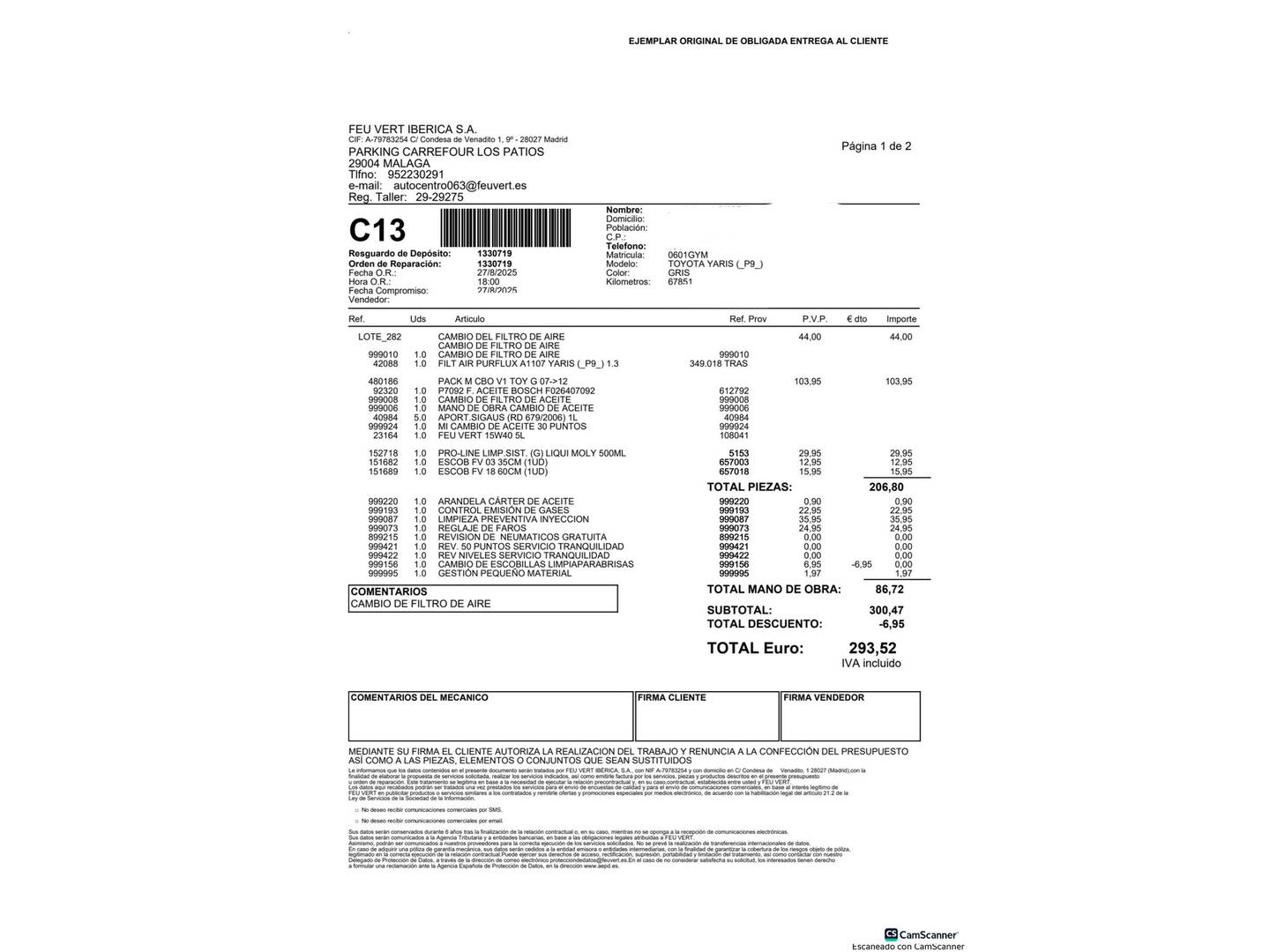 Foto del mantenimiento del Toyota Yaris Toyota Yaris 1.3 VVT-I TS (101 CV)