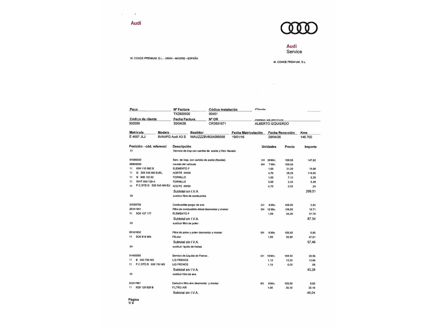 Foto del mantenimiento del Audi A3 Audi A3 Sportback Attraction 1.6 TDI clean diesel (110 CV) S tronic