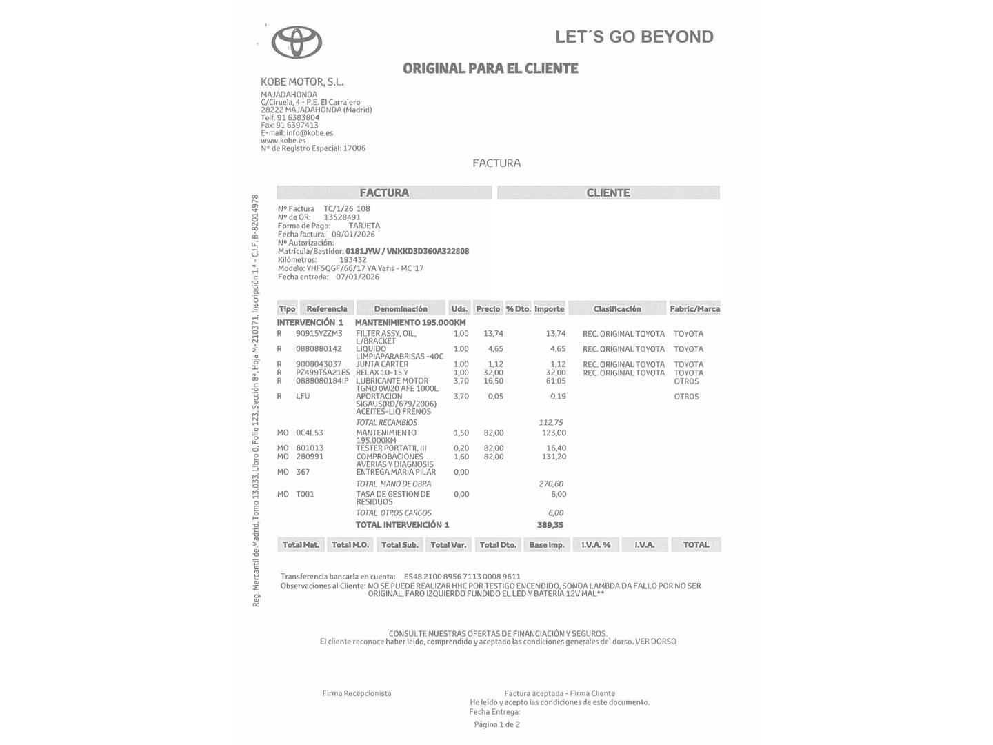 Foto del mantenimiento del Toyota Yaris Toyota Yaris 1.5 Hybrid Feel (100 CV)