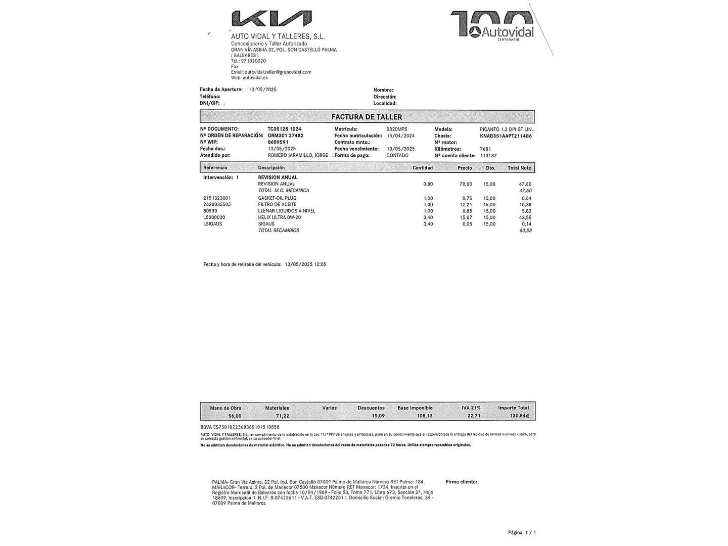 Foto del mantenimiento del KIA Picanto KIA Picanto 1.2 DPi GT Line (84 CV)