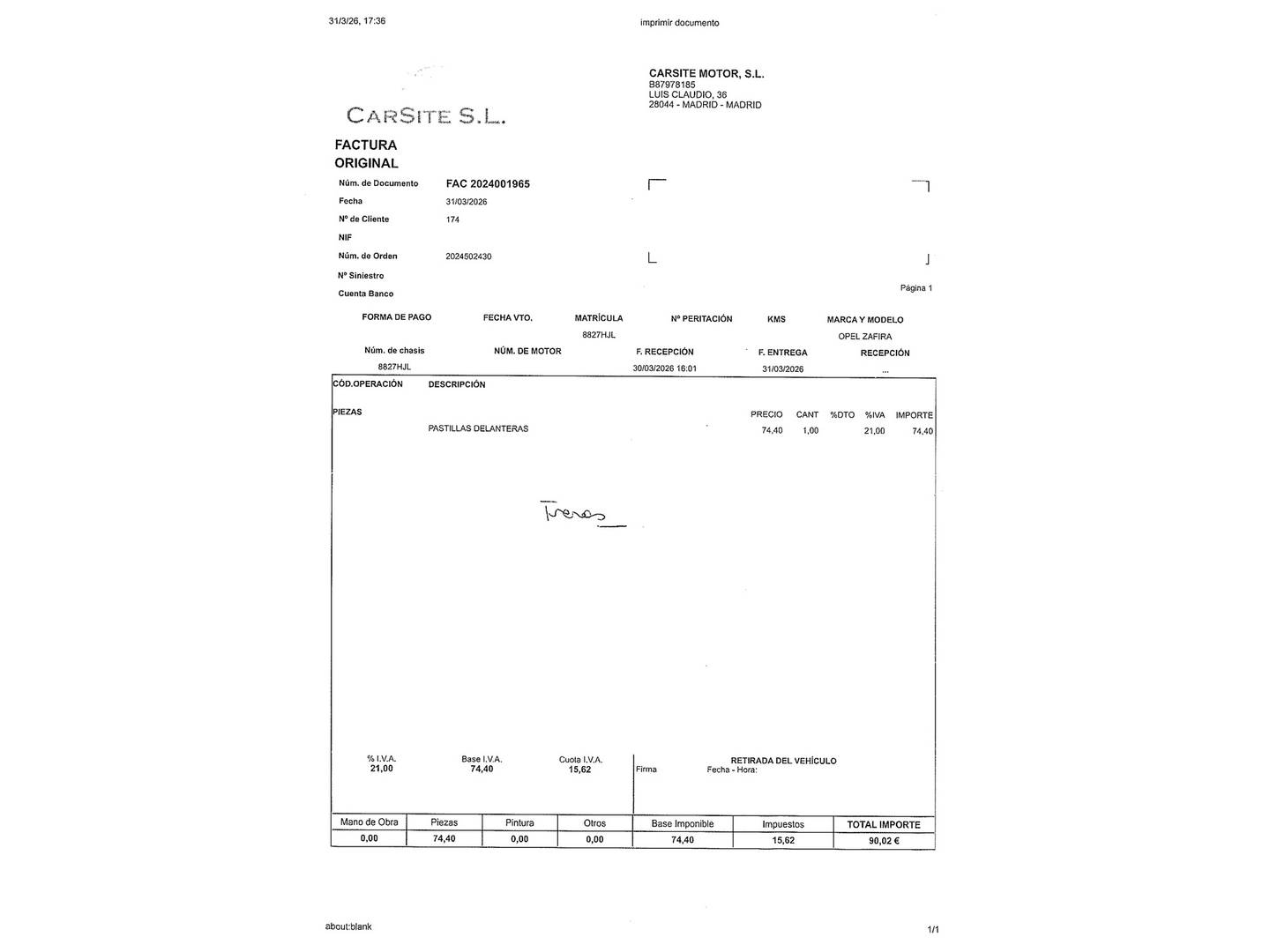 Foto del mantenimiento del Opel Zafira Opel Zafira 1.7 CDTI Enjoy Plus 7 Plazas (125 CV)