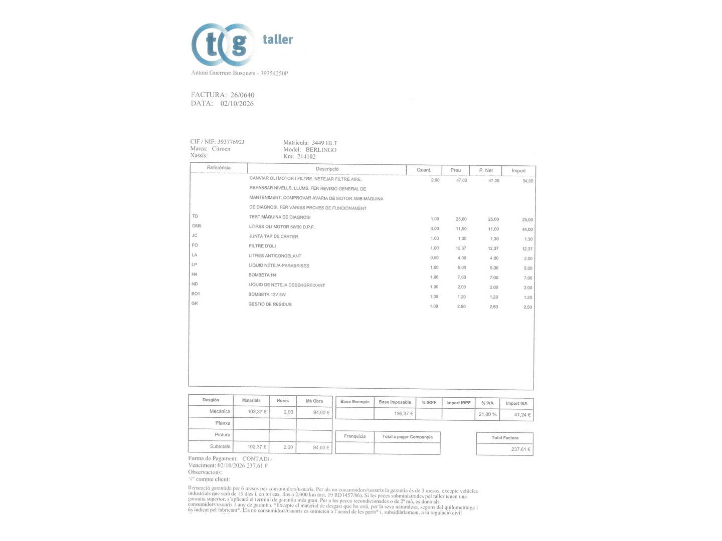 Foto del mantenimiento del Citroën Berlingo Citroën Berlingo Combi 1.6 HDI Tonic (75 CV)