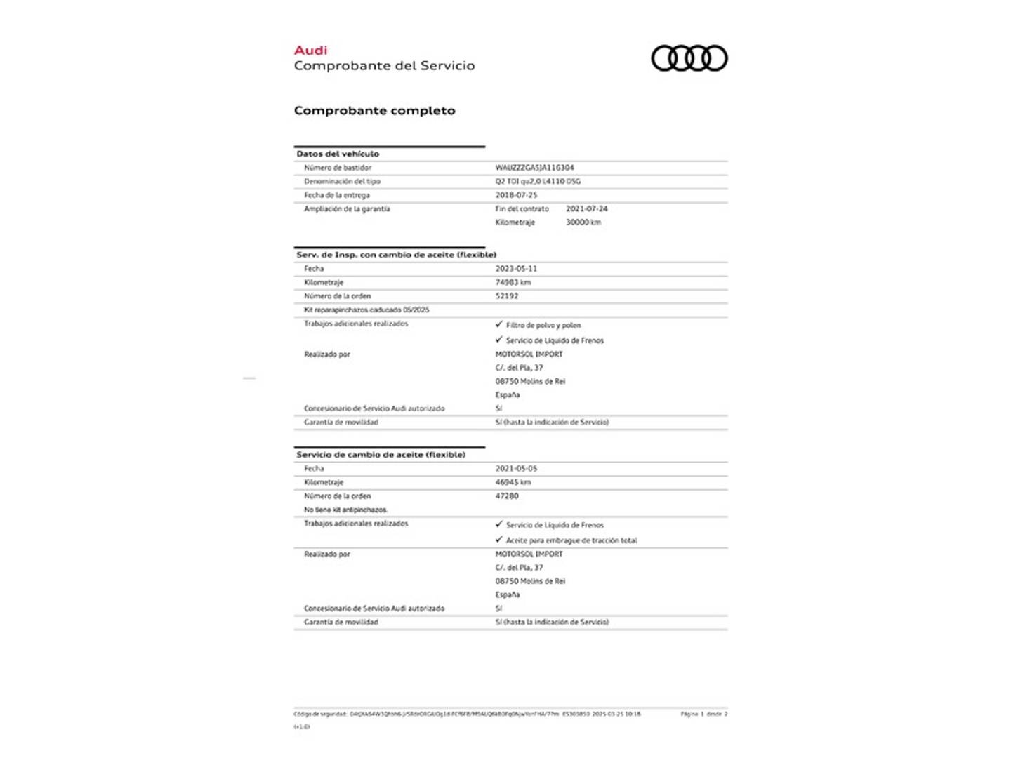 Foto del mantenimiento del Audi Q2 Audi Q2 sport edition 2.0 TDI quattro (150 CV) S tronic