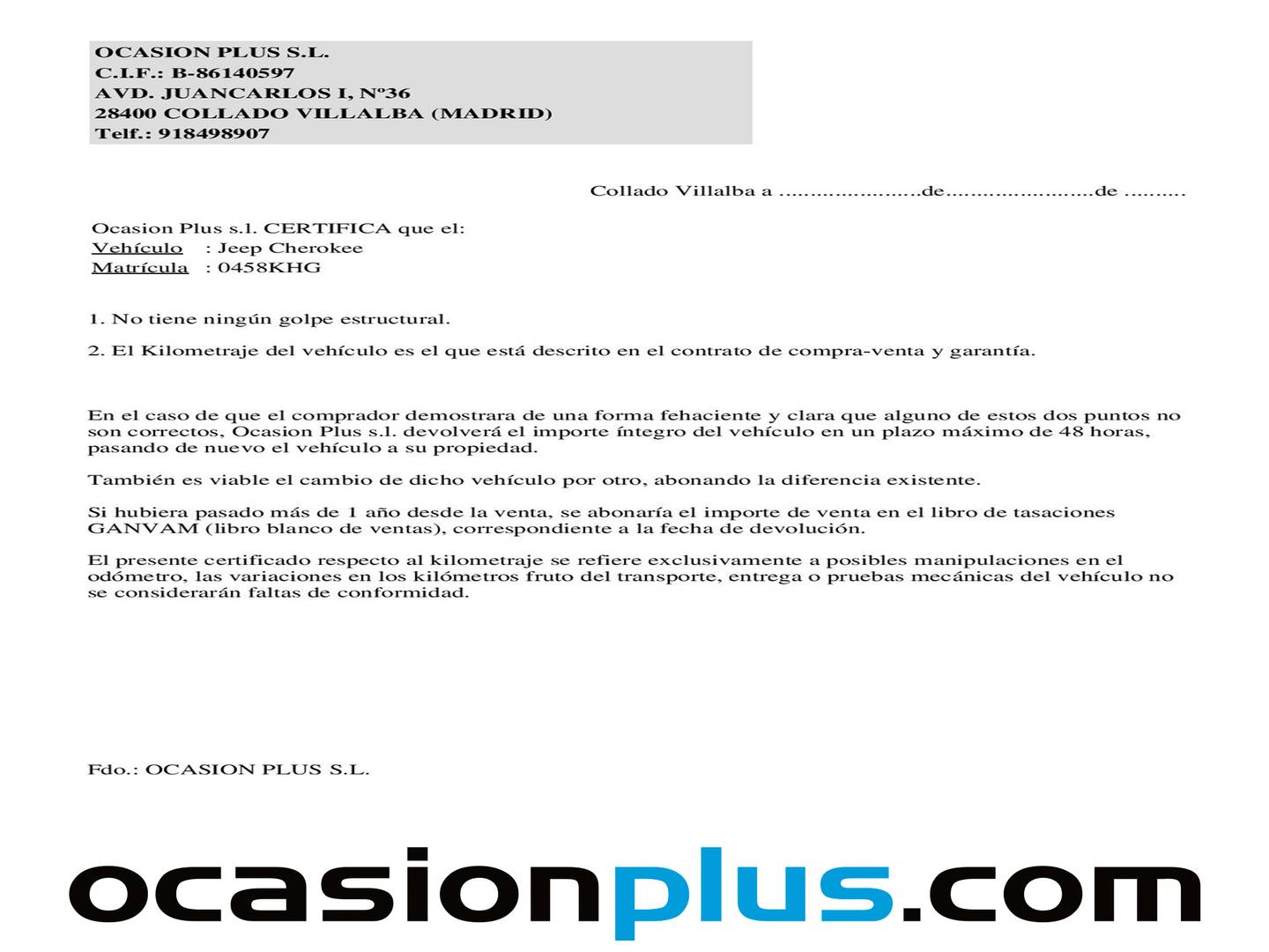 Foto del certificado del Jeep Cherokee Jeep Cherokee 2.0 CRD Longitude 4x2 (140 CV)