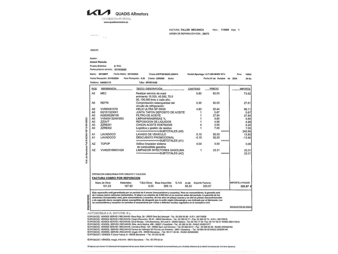 Foto del mantenimiento del KIA Sportage KIA Sportage 1.6 T-GDi MHEV GT Line 4x2 DCT (150 CV)