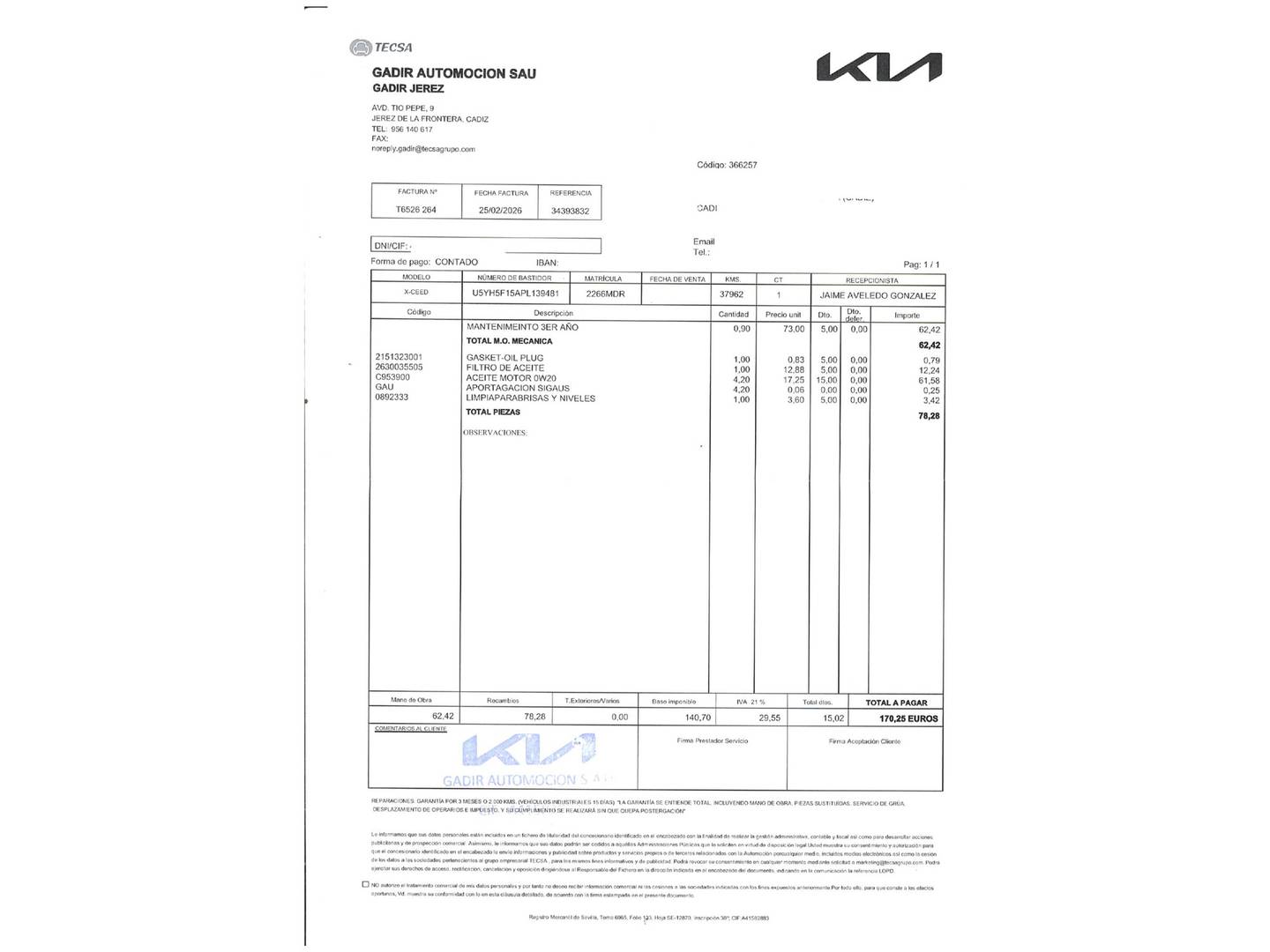 Foto del mantenimiento del KIA XCeed KIA XCeed 1.5 MHEV iMT Tech  (160 CV)