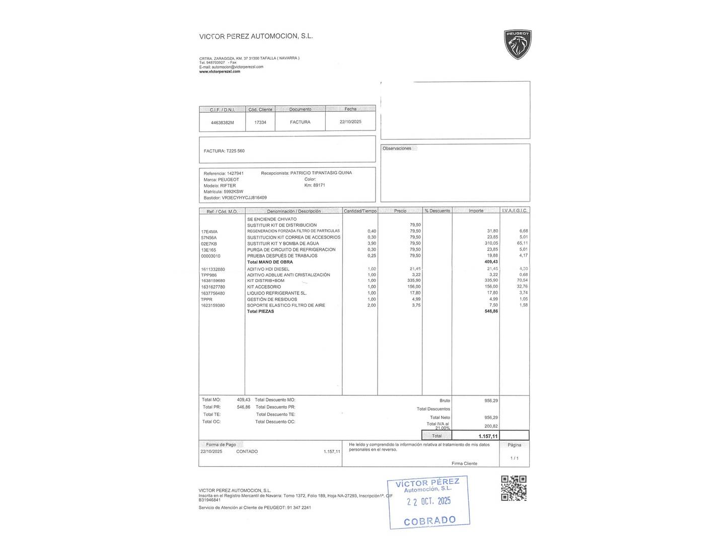 Foto del mantenimiento del Peugeot Rifter Peugeot Rifter BlueHDi 100 GT Line Standard (100 CV)