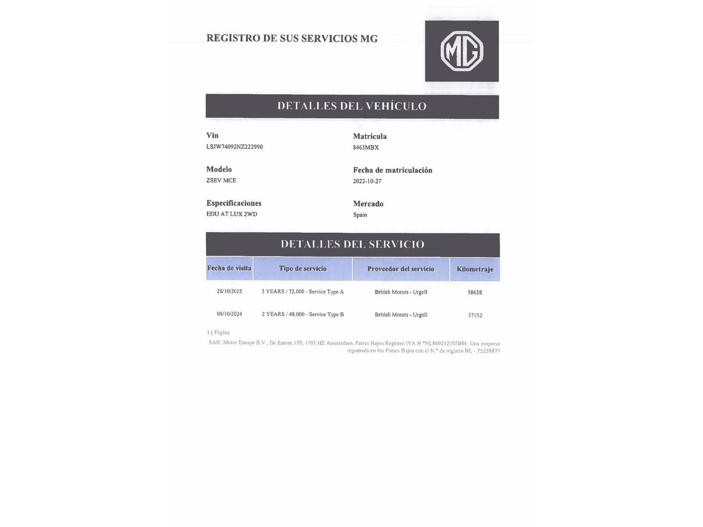 Foto del mantenimiento del MG ZS EV MG ZS Luxury Long Range OBC (156 CV)