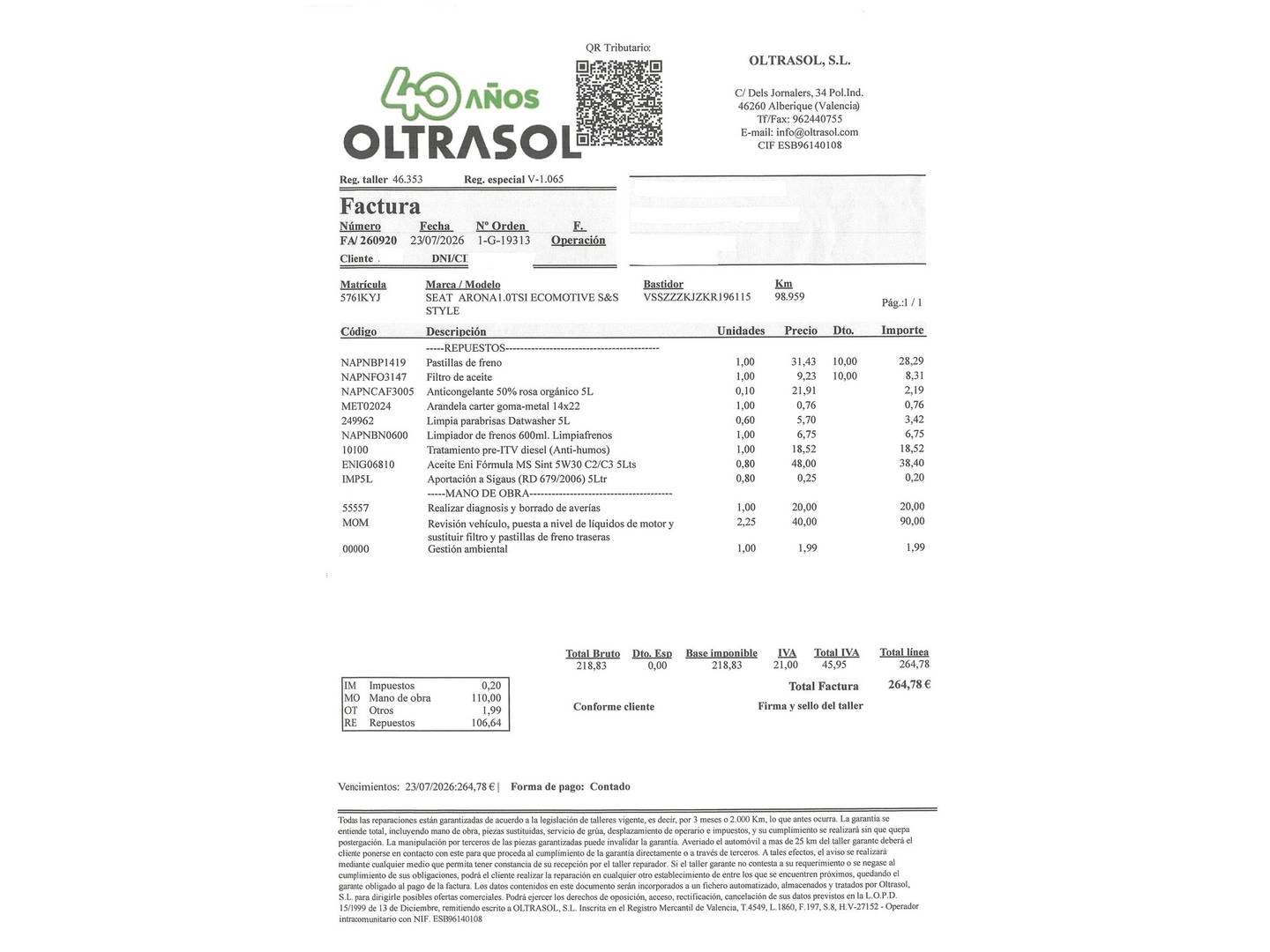 Foto del mantenimiento del Seat Arona Seat Arona 1.0 TSI Ecomotive S&S Style (115 CV)