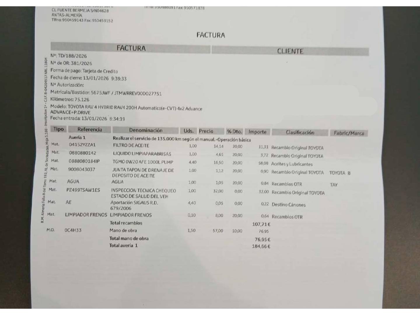 Foto del mantenimiento del Toyota Rav4 Toyota Rav4 2.5l hybrid Advance 2WD (197 CV)