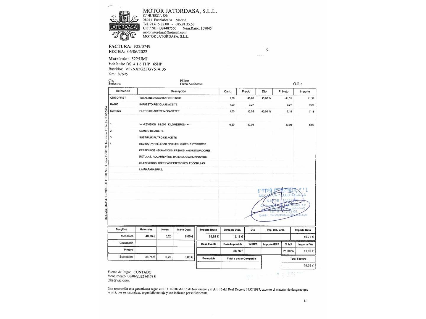 Foto del mantenimiento del DS DS 4 DS DS4 THP 165 S&S Style EAT6 (165 CV)