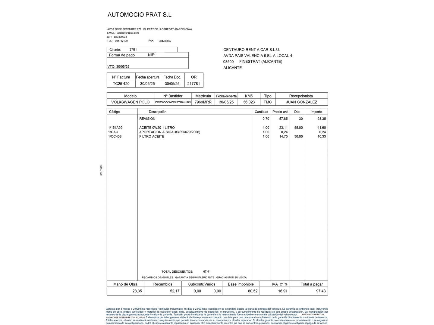 Foto del mantenimiento del Volkswagen Polo Volkswagen Polo Life 1.0 TSI (95 CV)