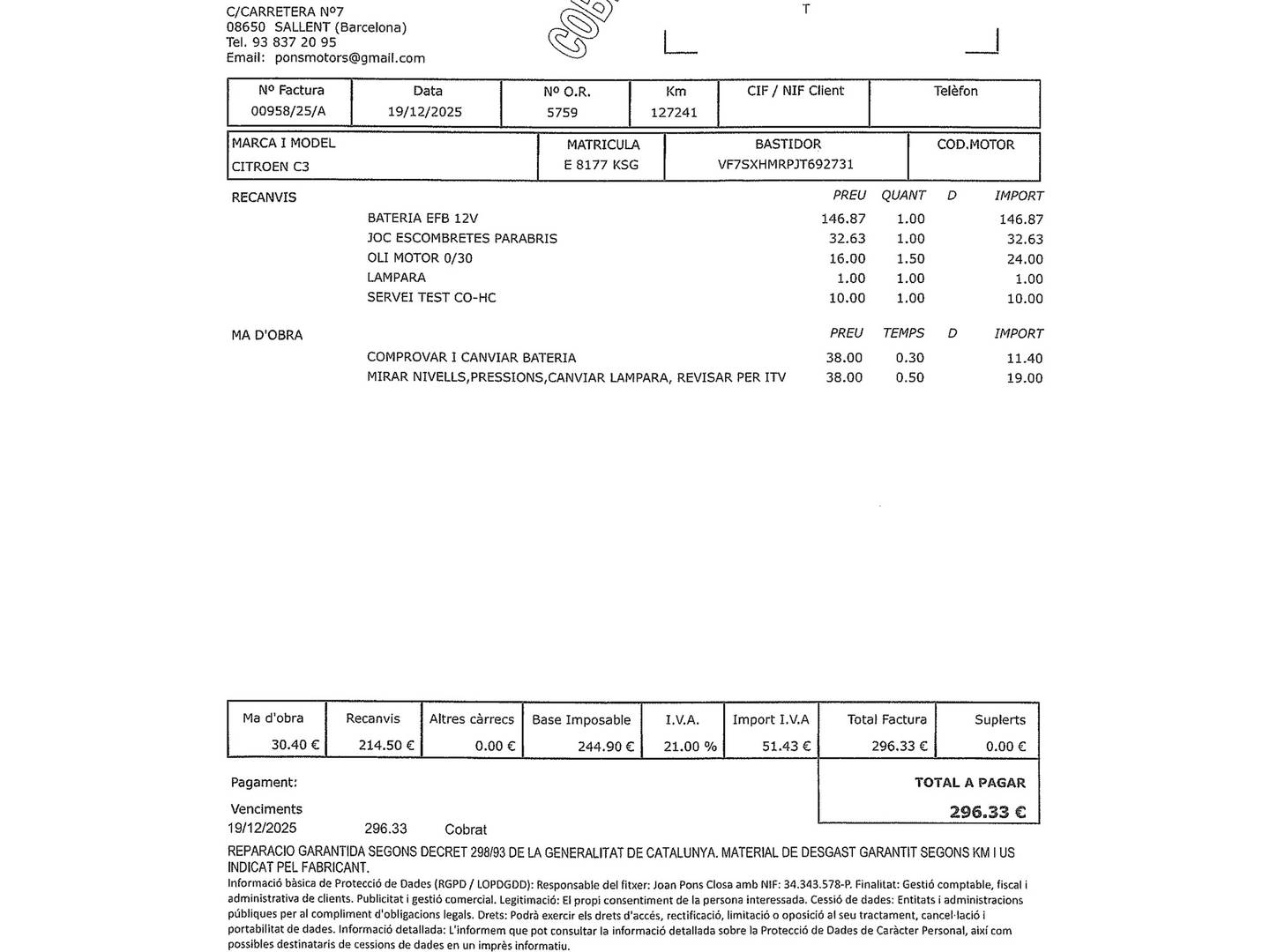 Foto del mantenimiento del Citroën C3 Citroën C3 PureTech 82 Shine (82 CV)
