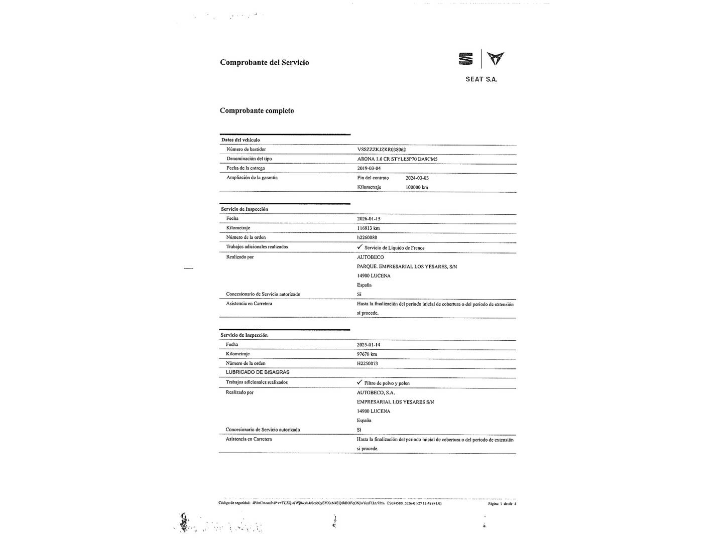 Foto del mantenimiento del Seat Arona Seat Arona 1.6 TDI Ecomotive S&S Style (95 CV)