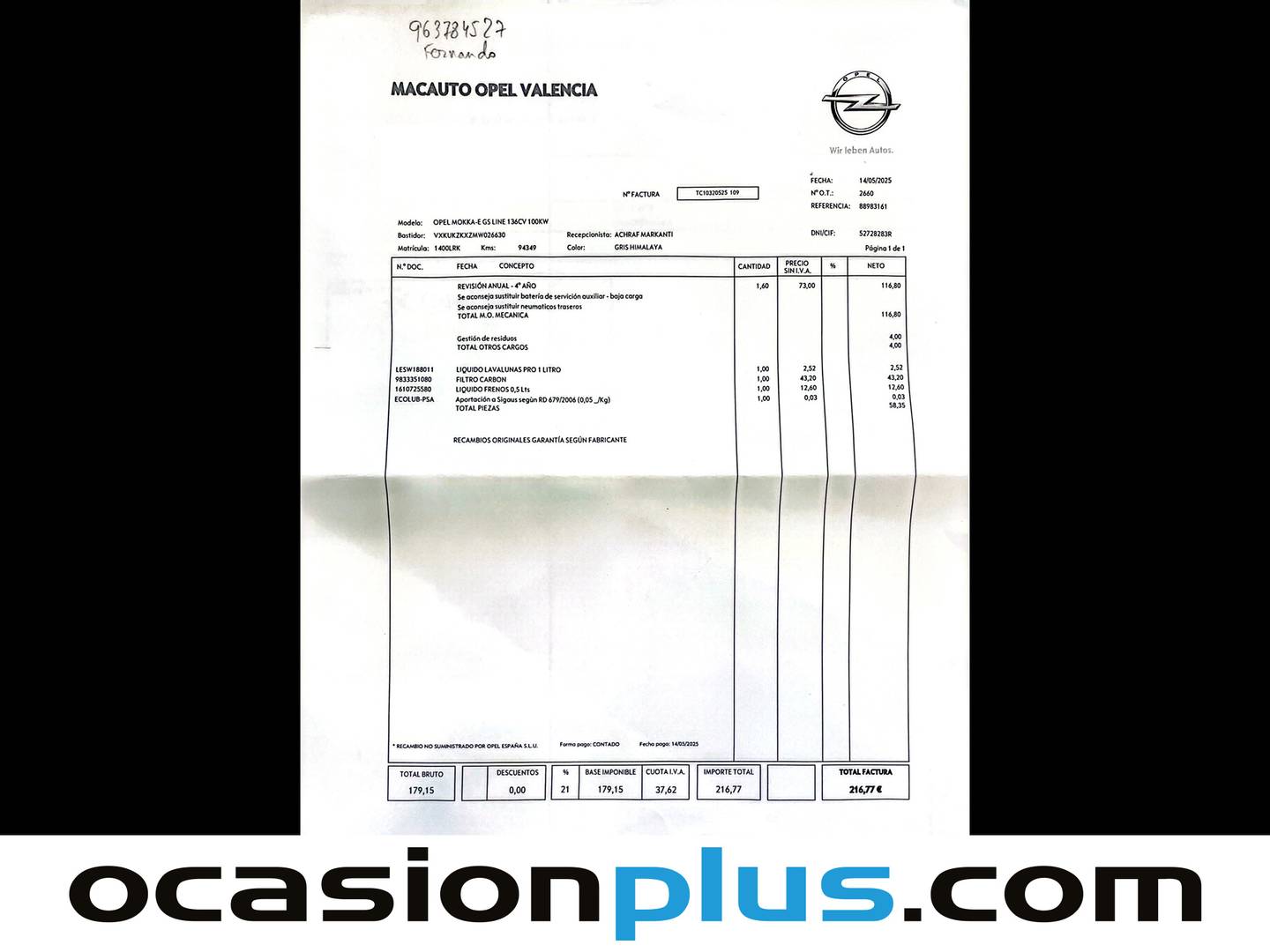 Foto del mantenimiento del Opel Mokka-e Opel Mokka-e BEV 50kWh GS Line-e (136 CV)