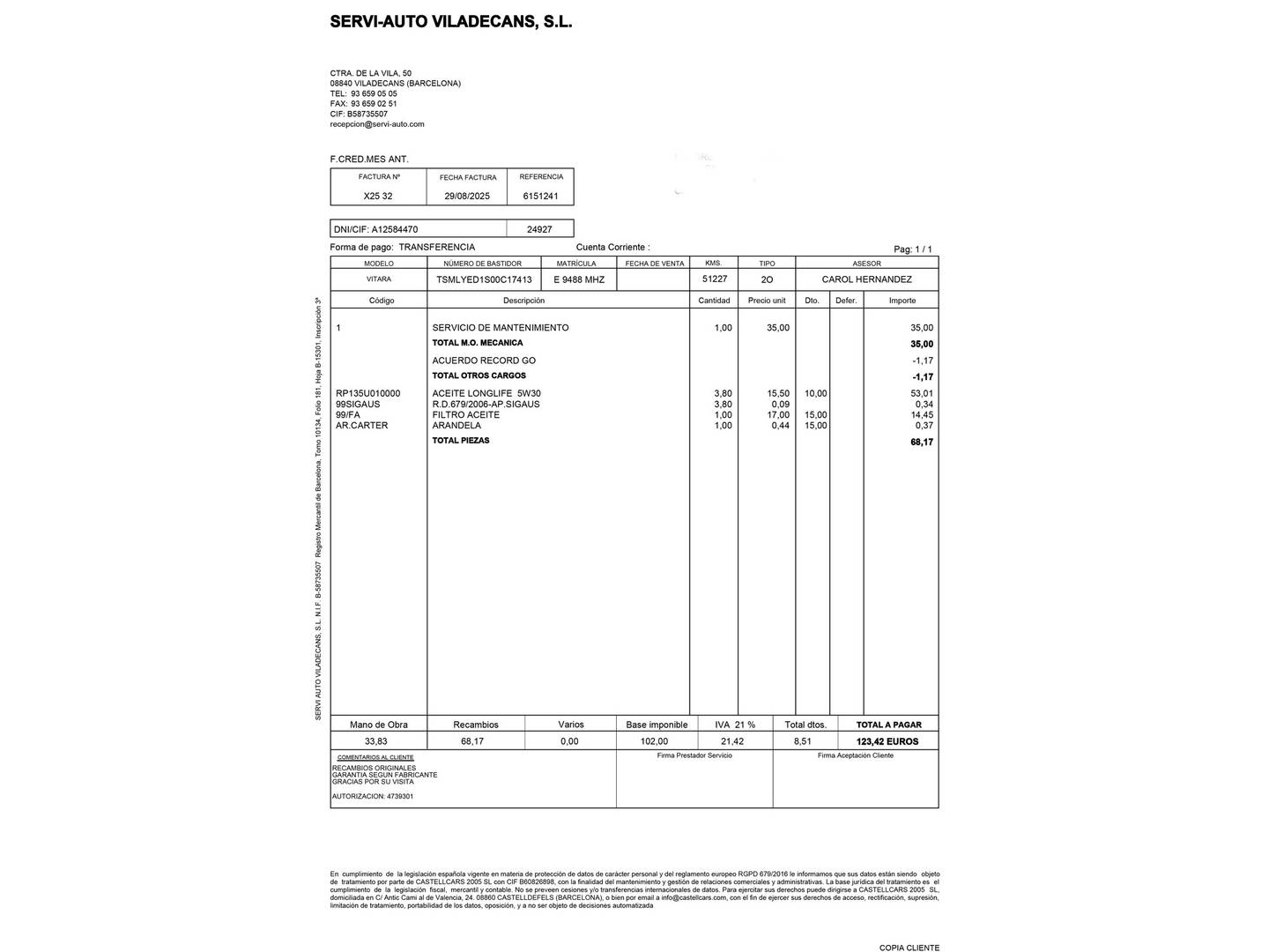Foto del mantenimiento del Suzuki Vitara Suzuki Vitara 1.4 T Mild Hybrid GLE 4WD (129 CV)