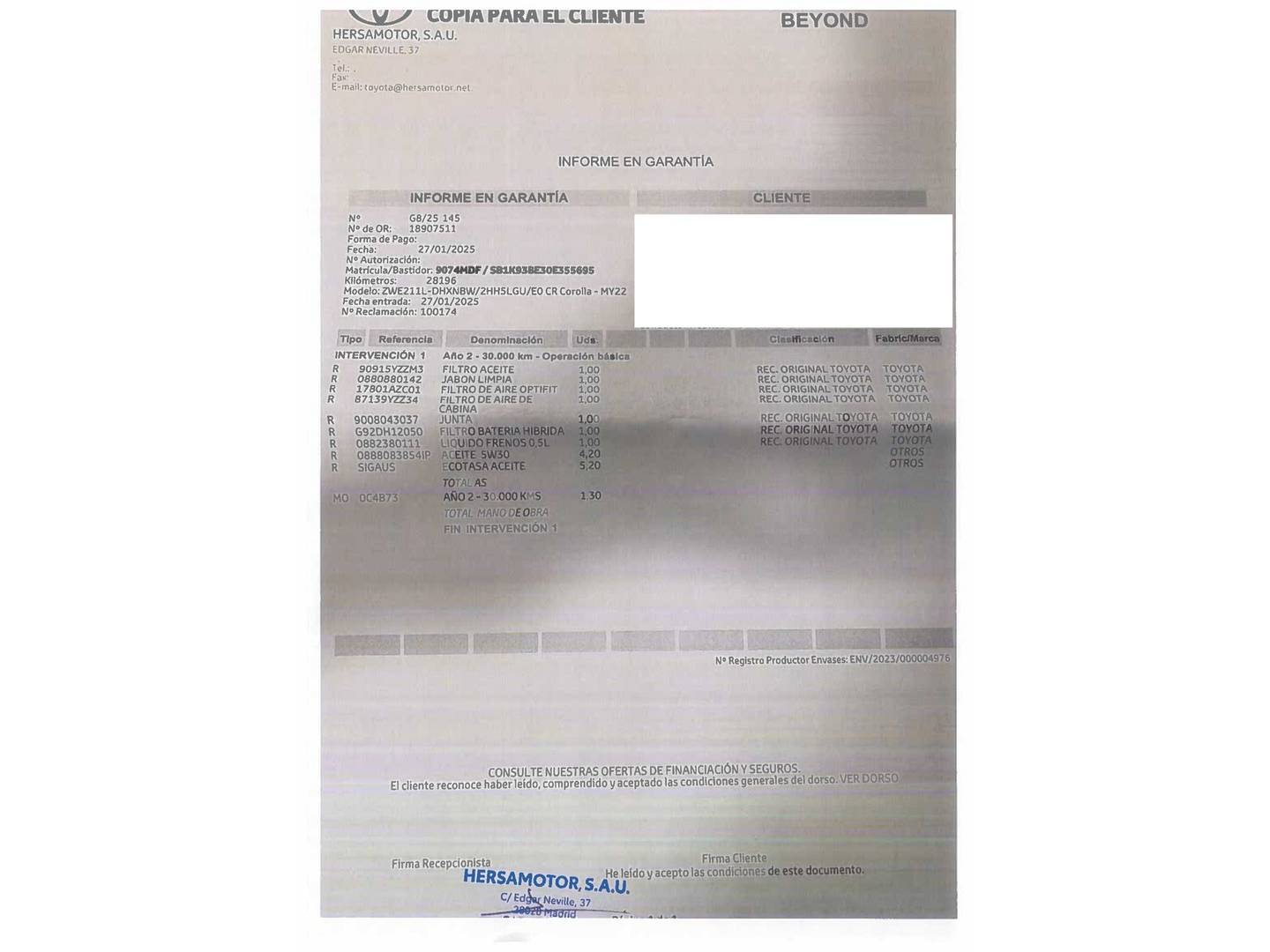 Foto del mantenimiento del Toyota Corolla Toyota Corolla 1.8 125 Híbrido Active Tech E-CVT (122 CV)