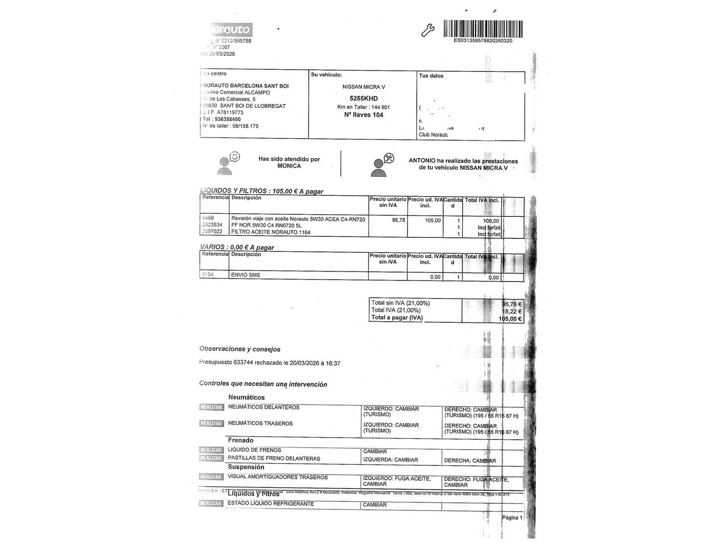 Foto del mantenimiento del Nissan Micra Nissan Micra 1.5 dCi S&S N-Connecta (90 CV)