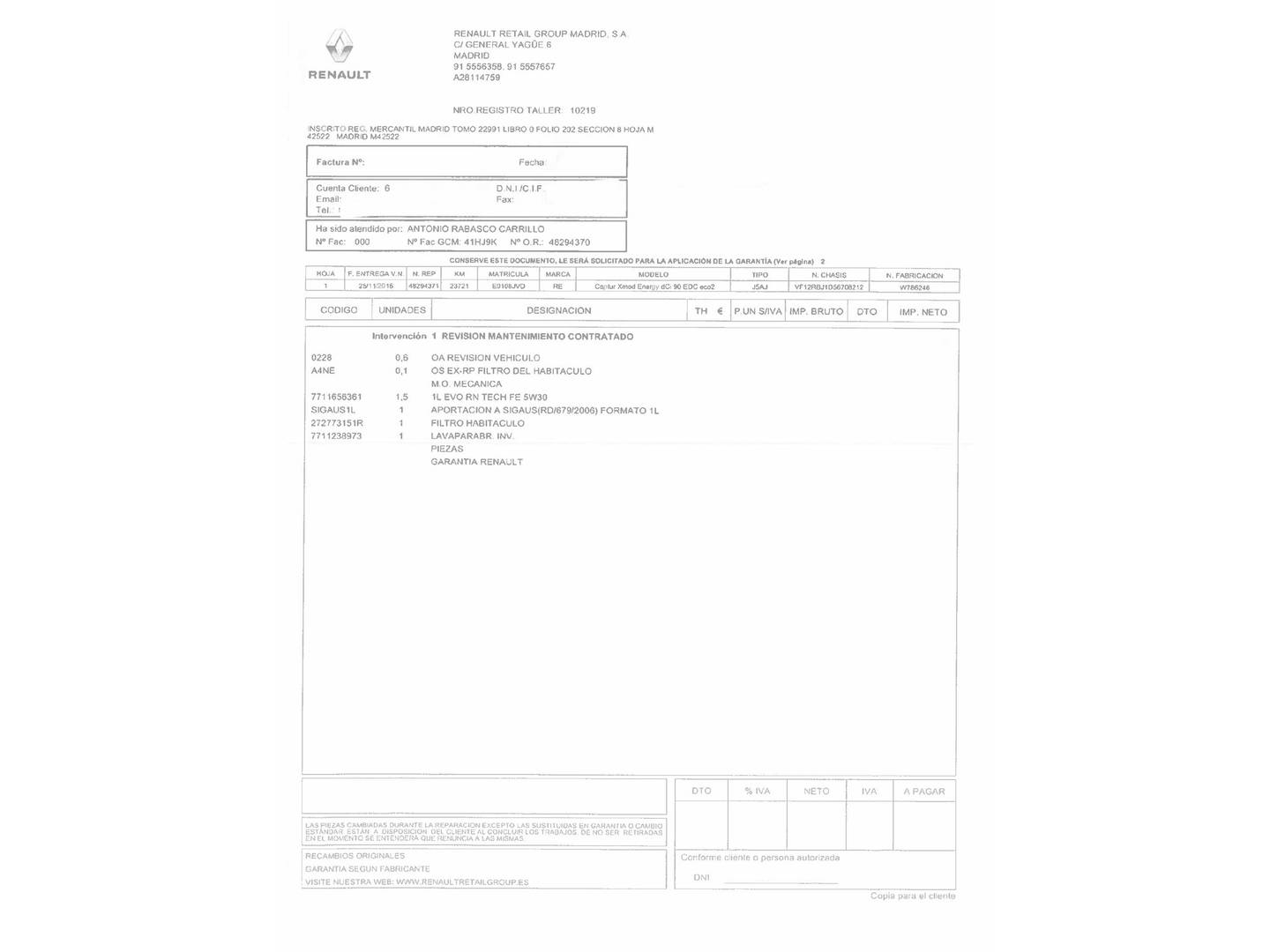 Foto del mantenimiento del Renault Captur Renault Captur 1.5 dCi Energy Xmod EDC (90 CV)