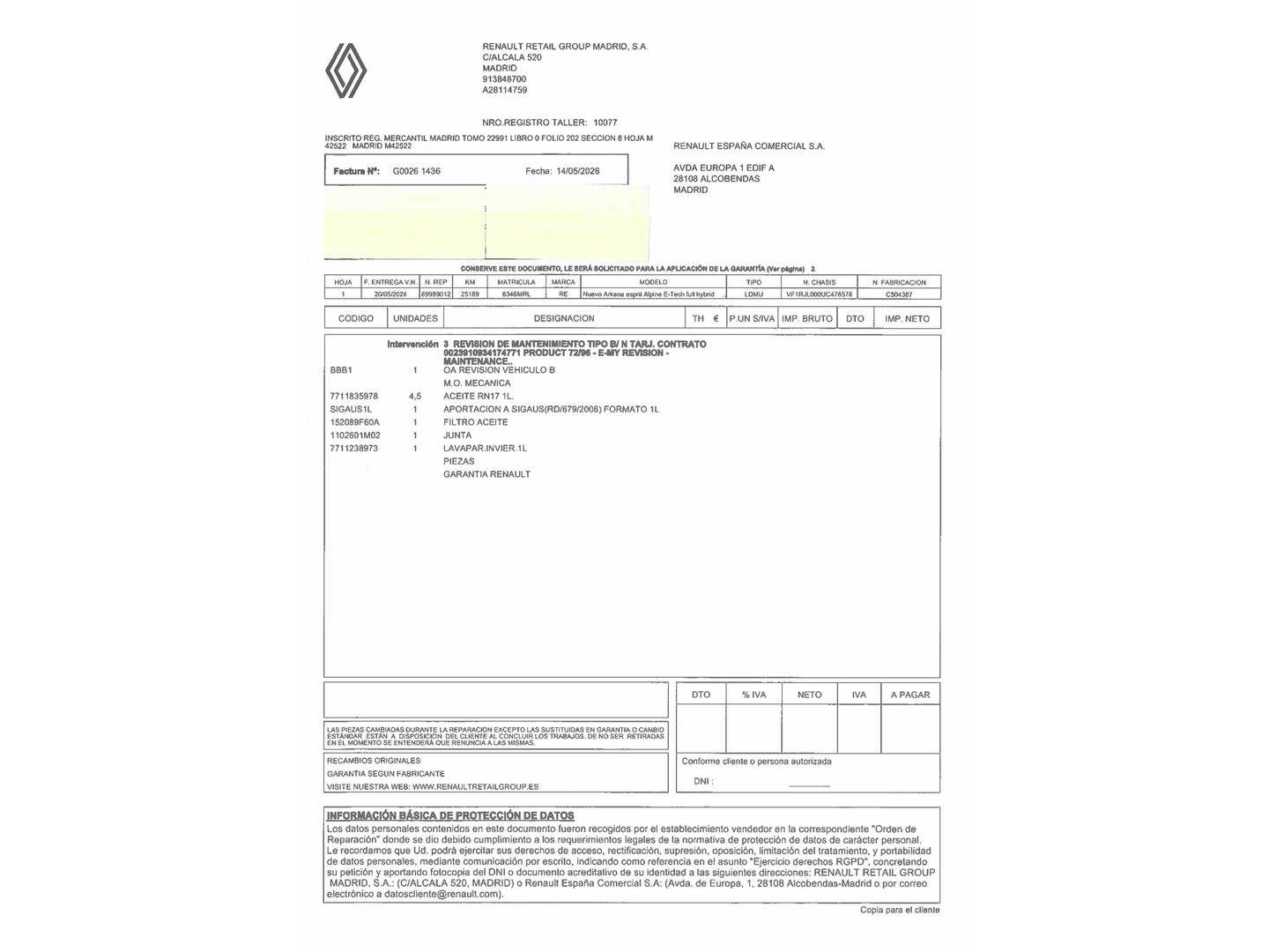 Foto del mantenimiento del Renault Arkana Renault Arkana Esprit Alpine full hybrid E-Tech (145 CV)