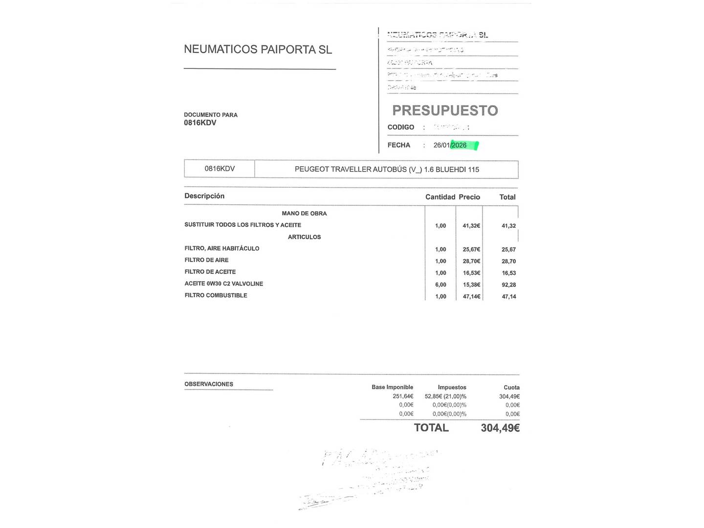 Foto del mantenimiento del Peugeot Traveller Peugeot Traveller 1.6 BlueHDi Business Compact (115 CV)
