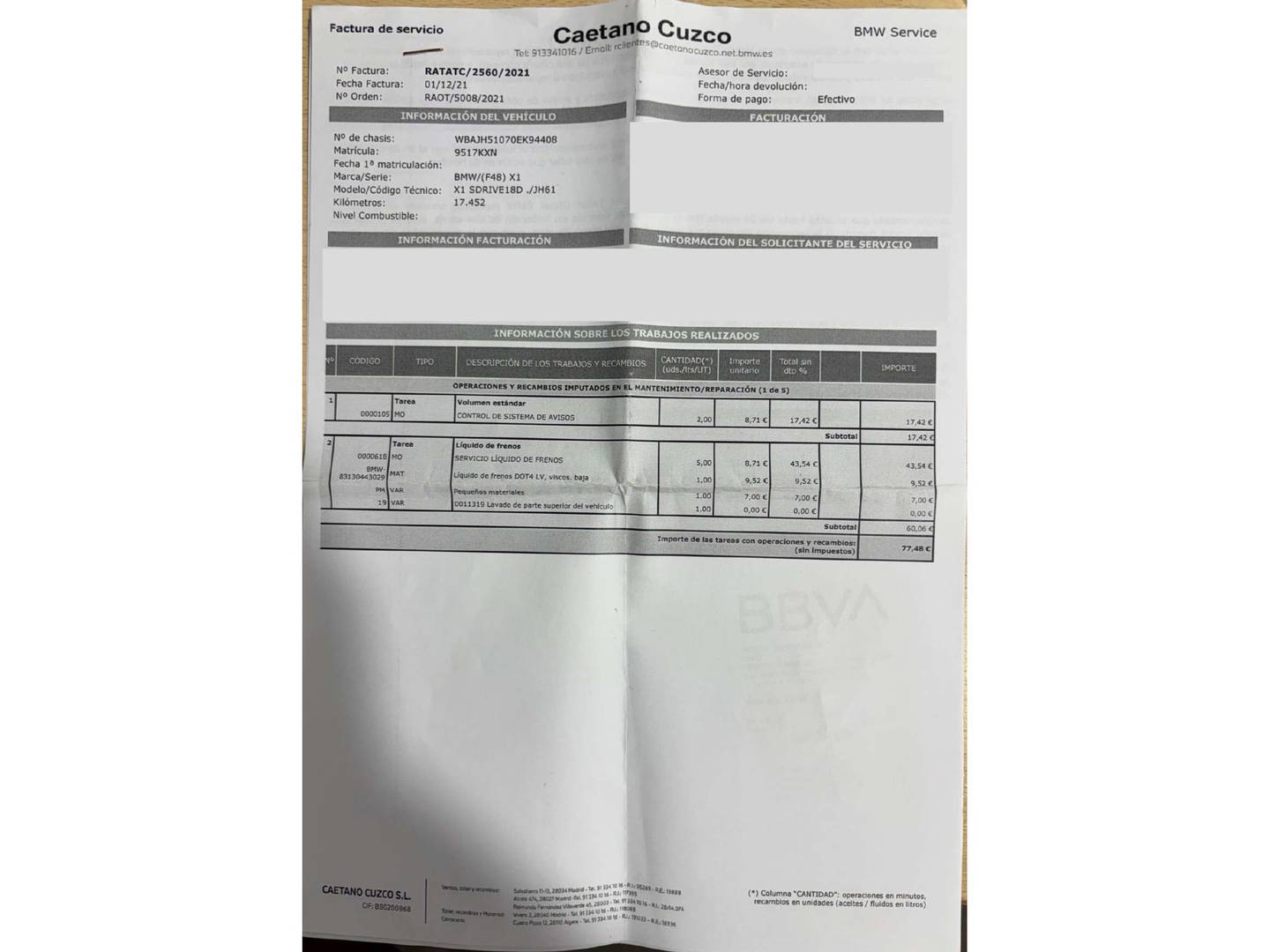Foto del mantenimiento del BMW X1 BMW X1 sDrive18d (150 CV)