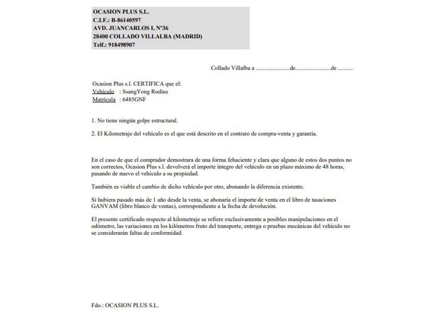 Foto del certificado del SsangYong Rodius SsangYong Rodius 270 Xdi Premium (165 CV) 7 Plazas