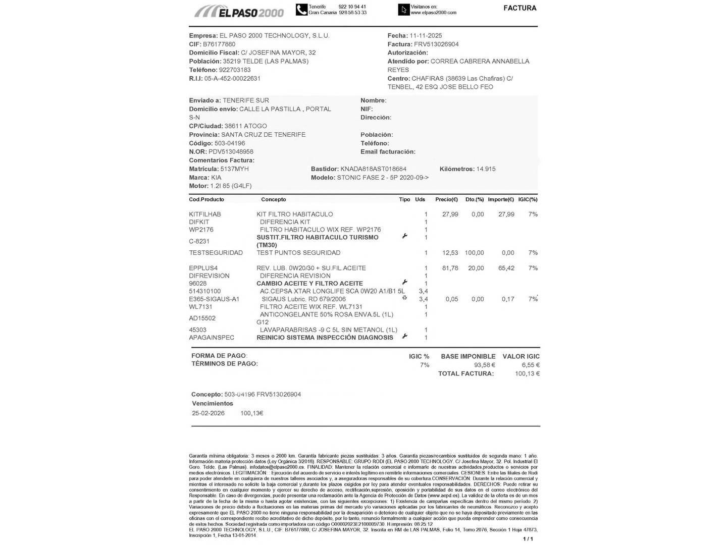 Foto del mantenimiento del KIA Stonic KIA Stonic 1.2 DPi Drive (79 CV)