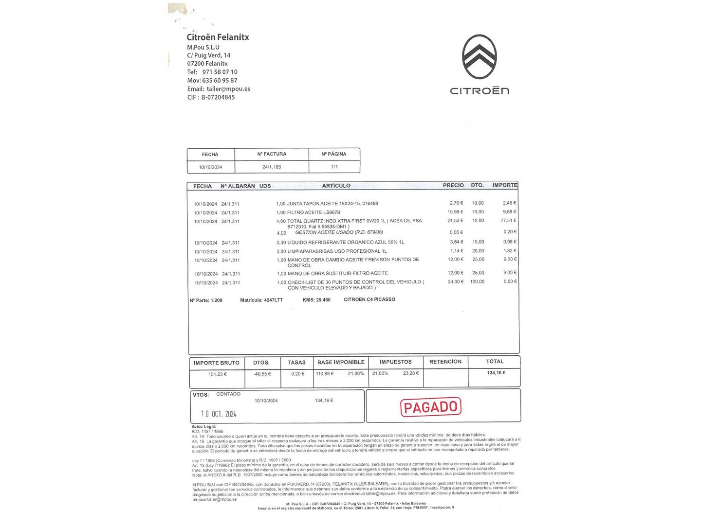 Foto del mantenimiento del Citroën Grand C4 Spacetourer Citroën Grand C4 Spacetourer PureTech 130 S&S 6v C-Series (131 CV) 7 Plazas